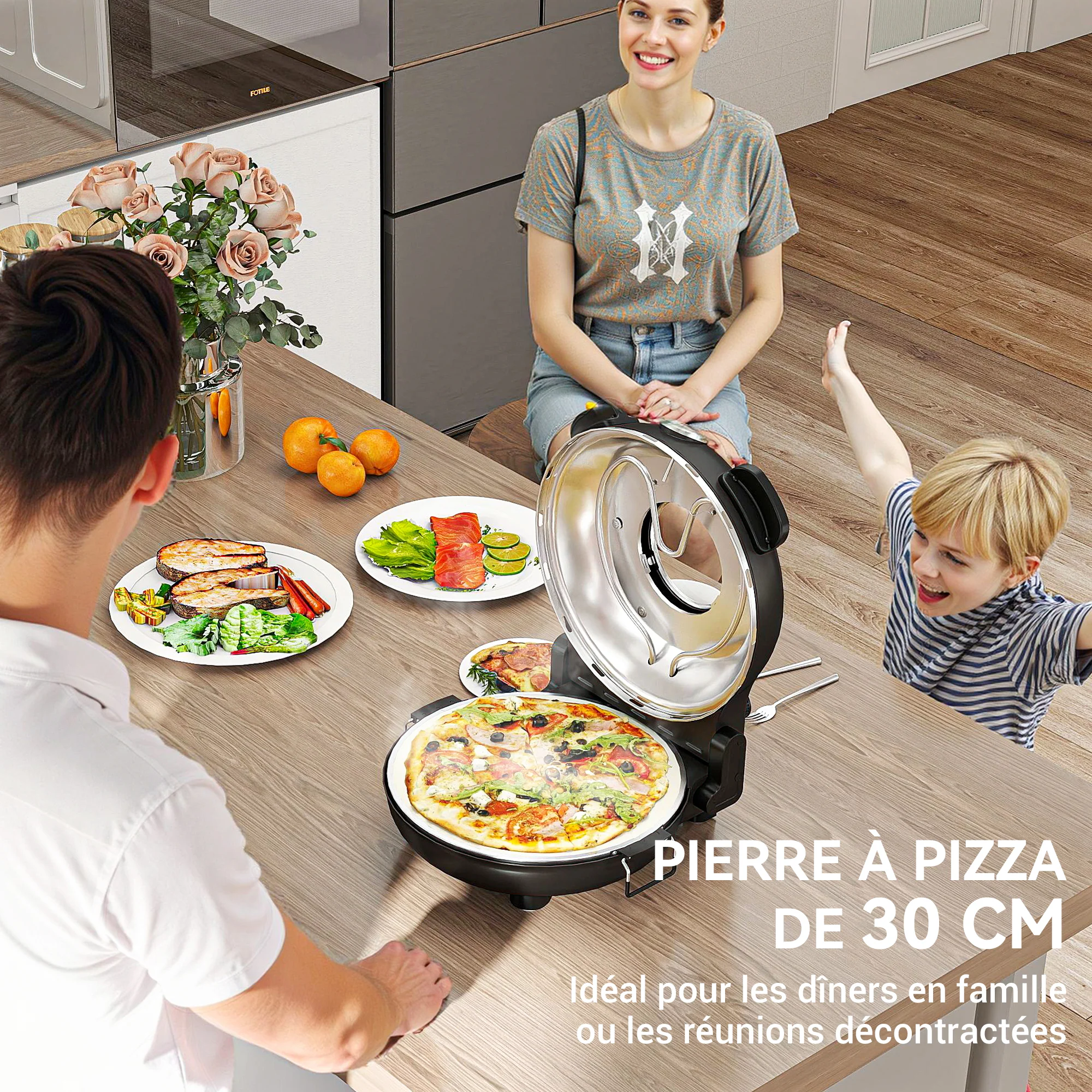 Four à pizza électrique 1200 W jusqu'à 430°C, plaque en pierre réfractaire 30 cm, minuterie, température réglable, protection contre surchauffe et fenêtre de visualisation, pelles inclus, noir - Image 7