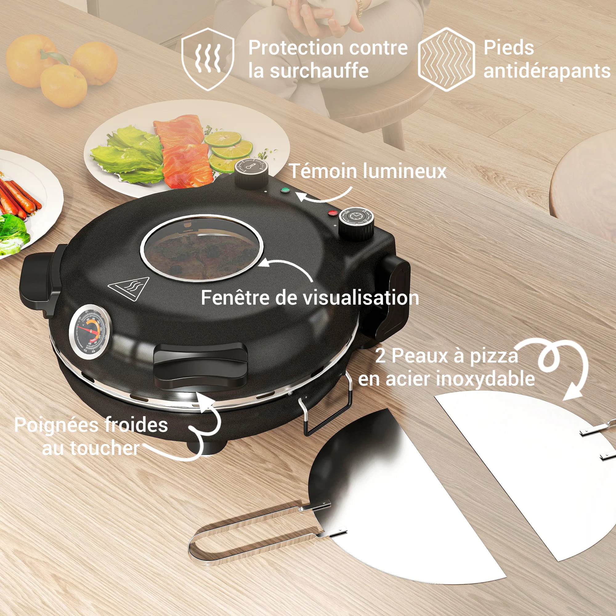 Four à pizza électrique 1200 W jusqu'à 430°C, plaque en pierre réfractaire 30 cm, minuterie, température réglable, protection contre surchauffe et fenêtre de visualisation, pelles inclus, noir - Image 8