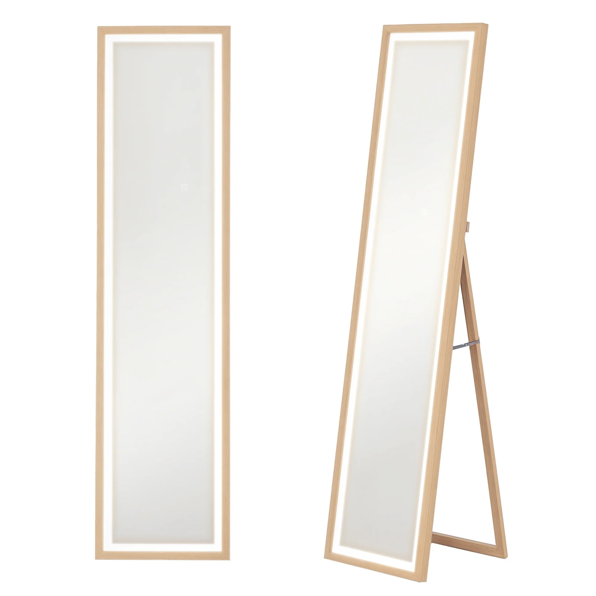 Grand miroir pleine longueur 40 x 160 cm avec éclairage LED 3 couleurs et support, miroir mural ou sur pied rectangulaire pour chambre à coucher salon et dressing, chêne - Image 11