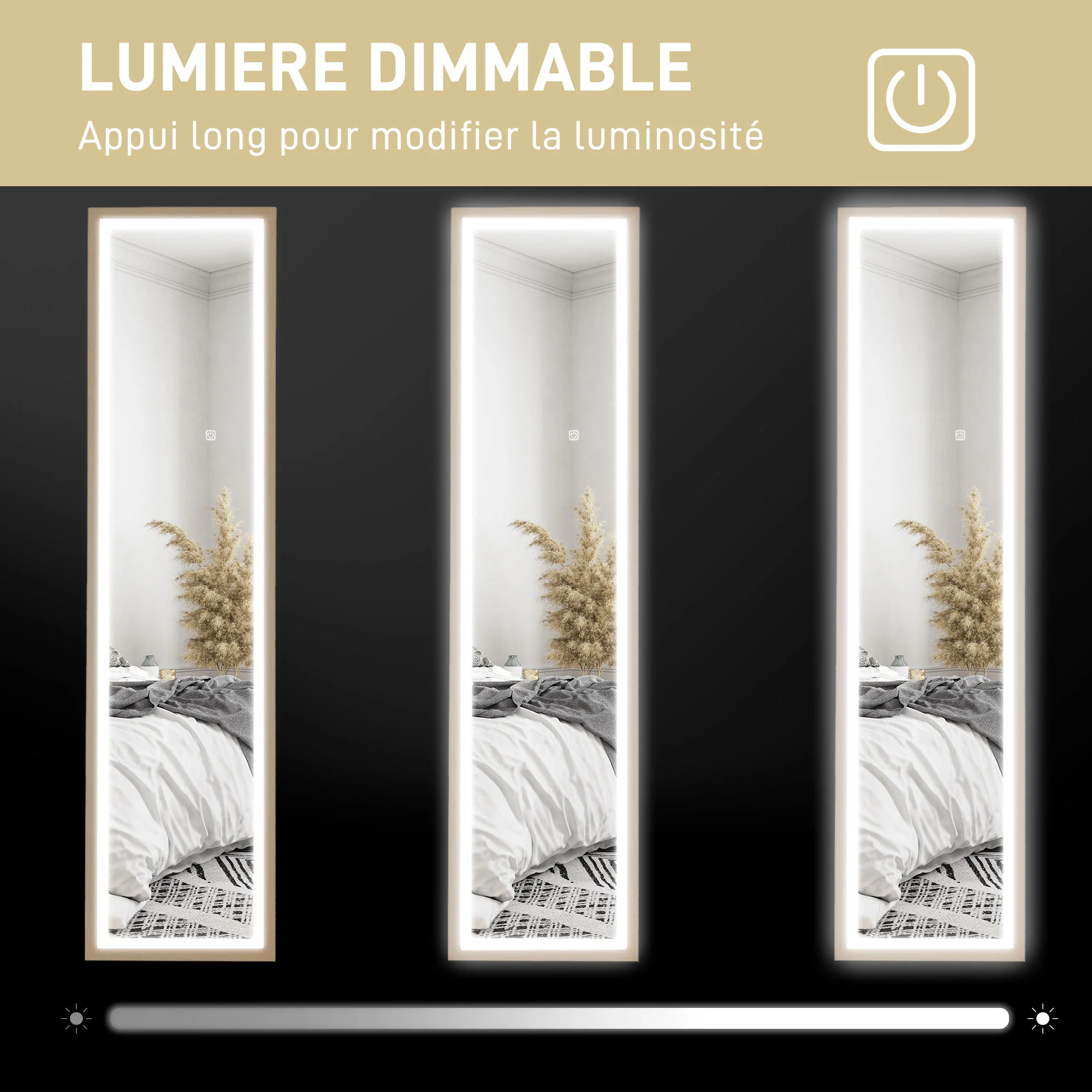 Grand miroir pleine longueur 40 x 160 cm avec éclairage LED 3 couleurs et support, miroir mural ou sur pied rectangulaire pour chambre à coucher salon et dressing, chêne - Image 6