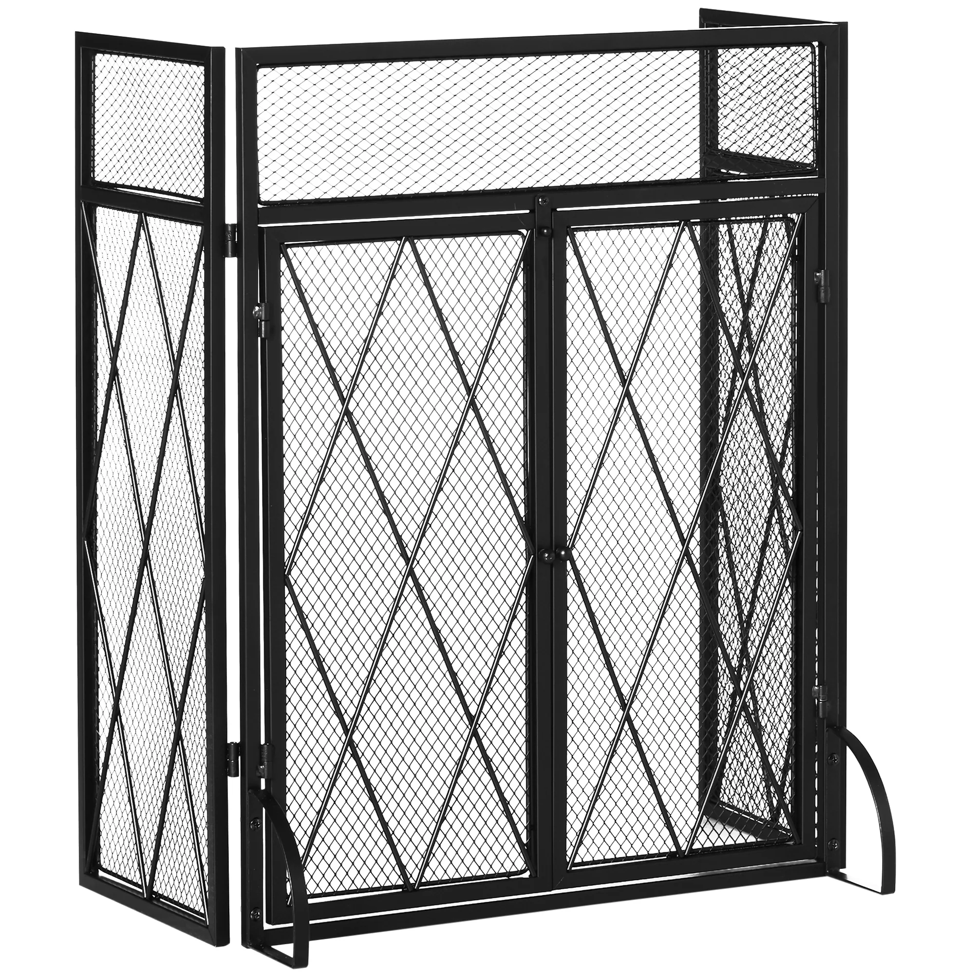 Grille de protection pour cheminée 120 x 79 cm - pare-feu pour cheminée ou poêle - pare-étincelles - barrière de sécurité - 3 volets pliables et porte - métal noir - Image 2