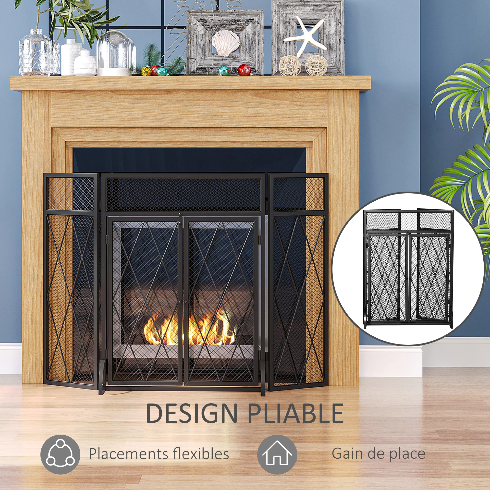Grille de protection pour cheminée 120 x 79 cm - pare-feu pour cheminée ou poêle - pare-étincelles - barrière de sécurité - 3 volets pliables et porte - métal noir - Image 6