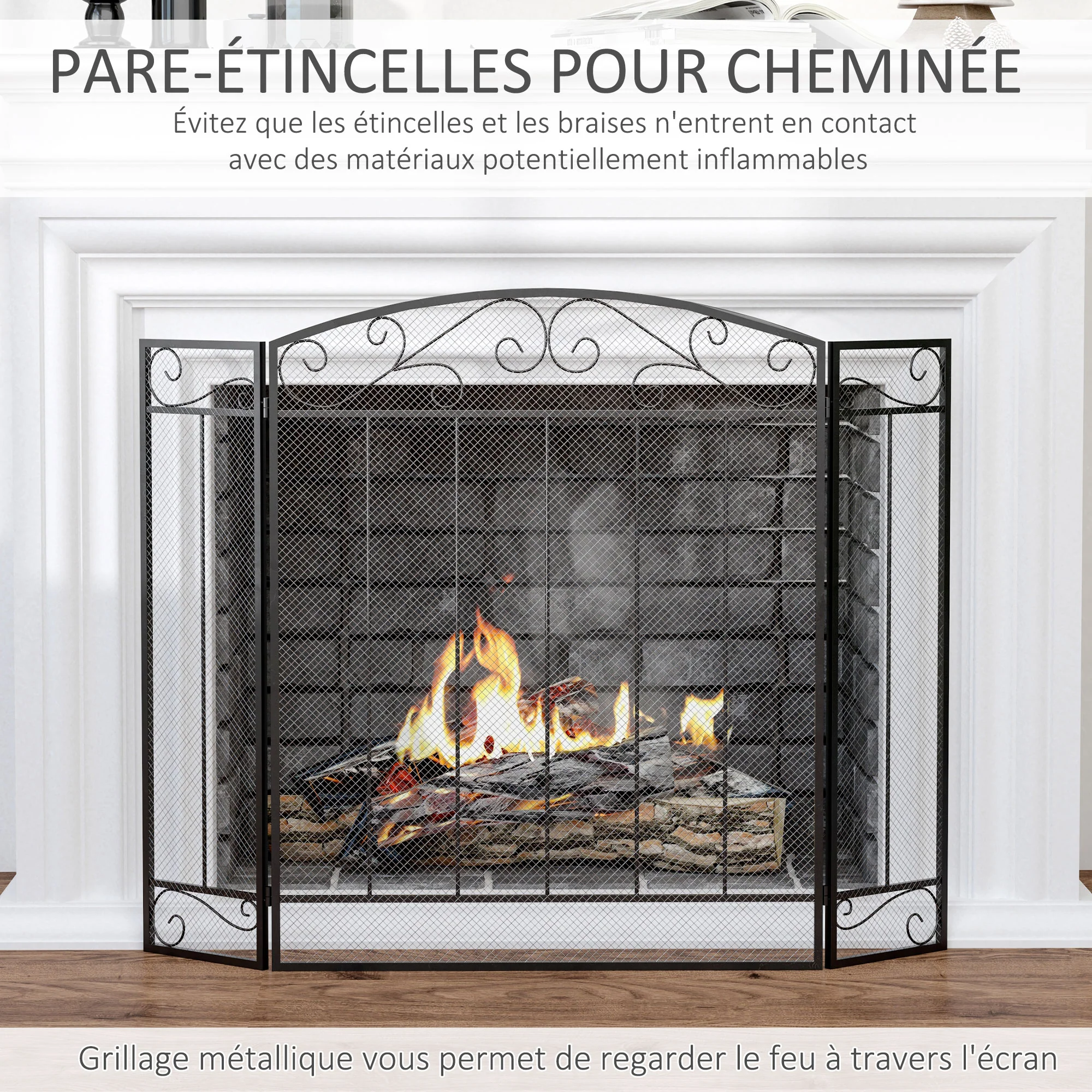 Grille de Protection pour cheminée - Pare-feu Large pour cheminée ou poêle - Pare-étincelles - barrière de sécurité - 3 Volets Pliables - Acier métal Noir - Image 5