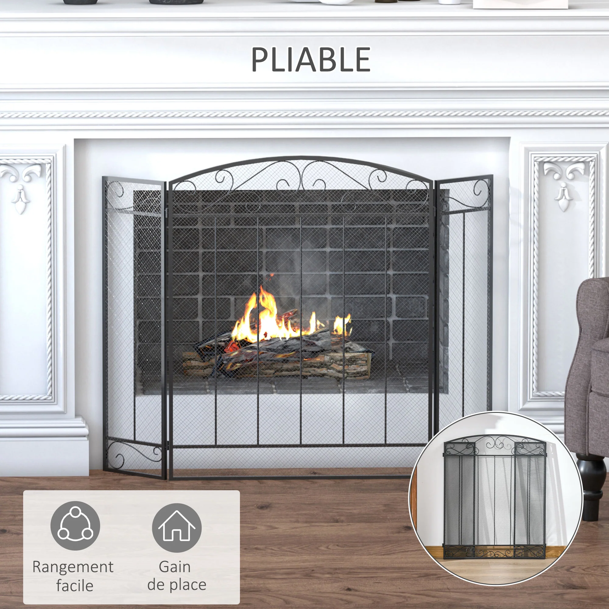 Grille de Protection pour cheminée - Pare-feu Large pour cheminée ou poêle - Pare-étincelles - barrière de sécurité - 3 Volets Pliables - Acier métal Noir - Image 6