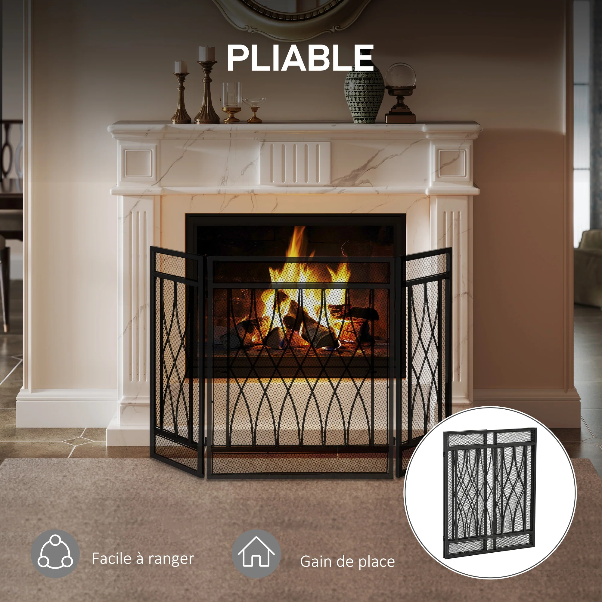 Grille de Protection pour cheminée - Pare-feu Large pour cheminée ou poêle - Pare-étincelles - barrière de sécurité - 3 Volets Pliables - métal Noir - Image 6