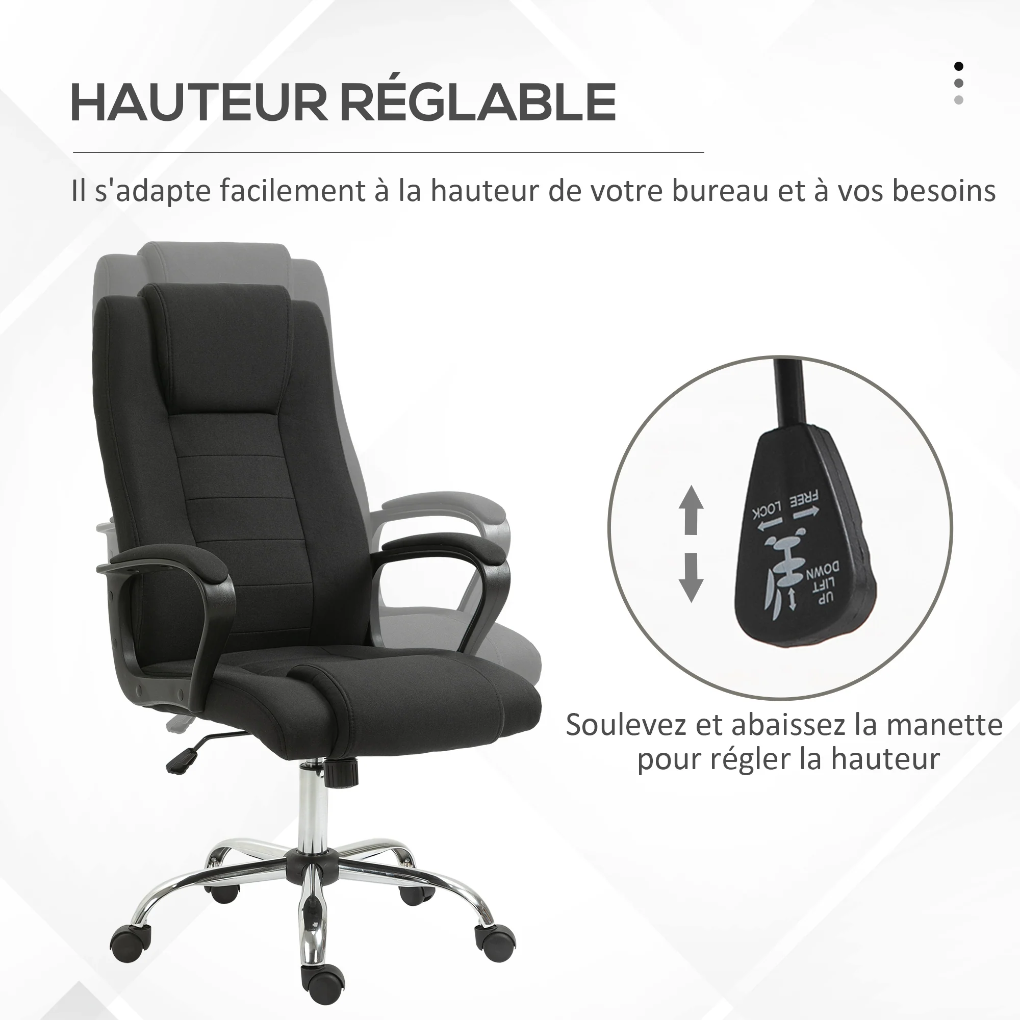 HOMCOM Fauteuil de bureau à roulettes chaise manager ergonomique pivotante hauteur réglable lin noir - Image 5