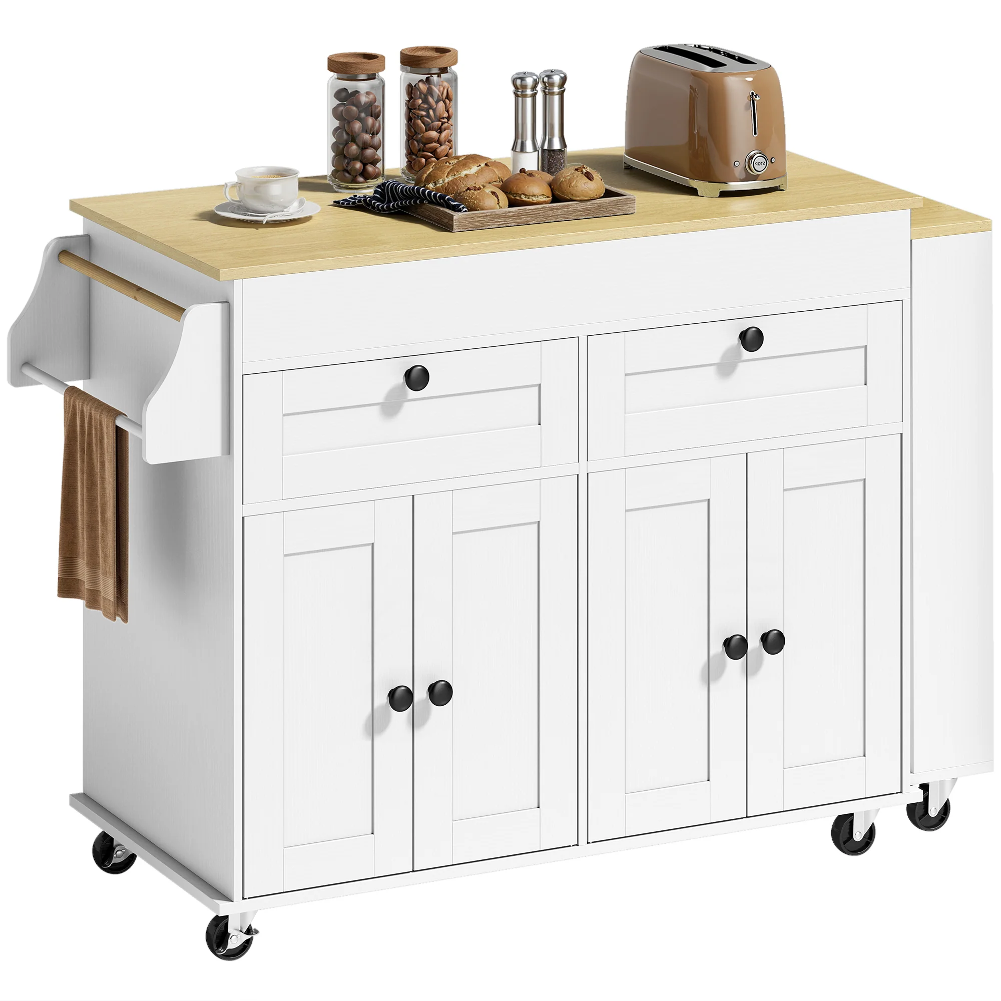 ?lot Central Cuisine avec Plateau Extensible, Desserte de Cuisine sur Roulettes avec 2 Tiroirs, 4 Portes, Porte-Serviettes et Porte-épices, Style Rustique,127,2-189,2 x 50 x 87,8 cm, Blanc