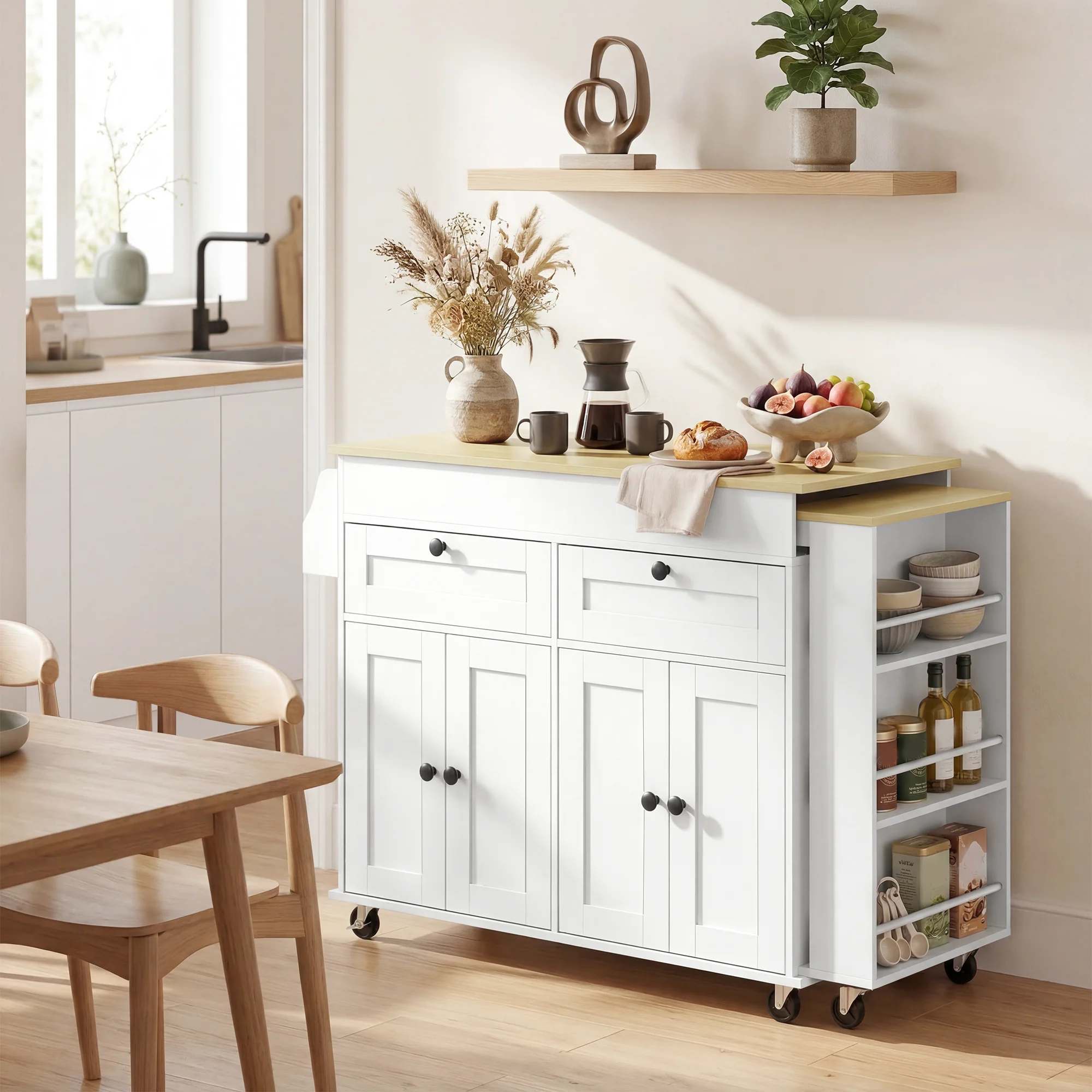 ?lot Central Cuisine avec Plateau Extensible, Desserte de Cuisine sur Roulettes avec 2 Tiroirs, 4 Portes, Porte-Serviettes et Porte-épices, Style Rustique,127,2-189,2 x 50 x 87,8 cm, Blanc - Image 10