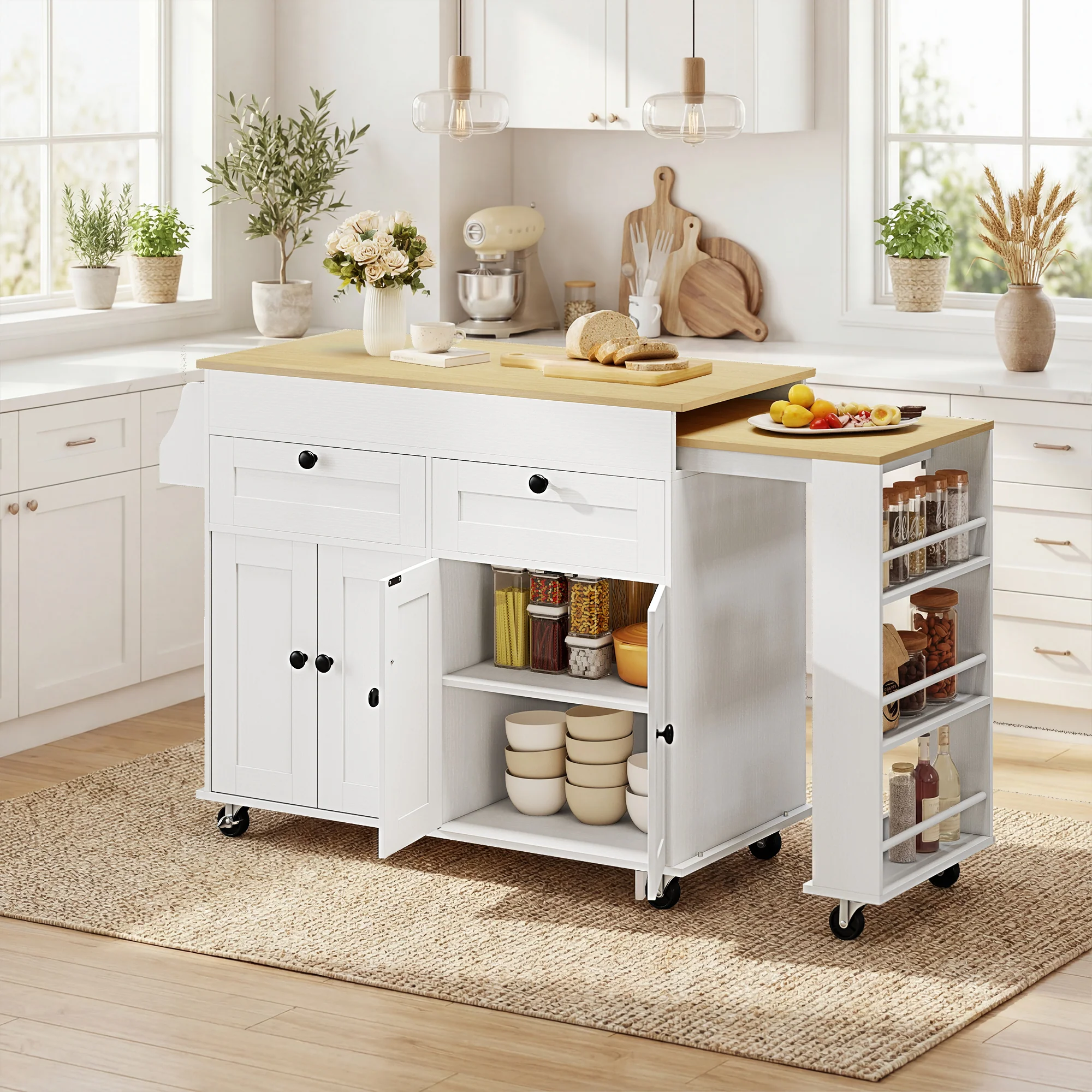 ?lot Central Cuisine avec Plateau Extensible, Desserte de Cuisine sur Roulettes avec 2 Tiroirs, 4 Portes, Porte-Serviettes et Porte-épices, Style Rustique,127,2-189,2 x 50 x 87,8 cm, Blanc - Image 11