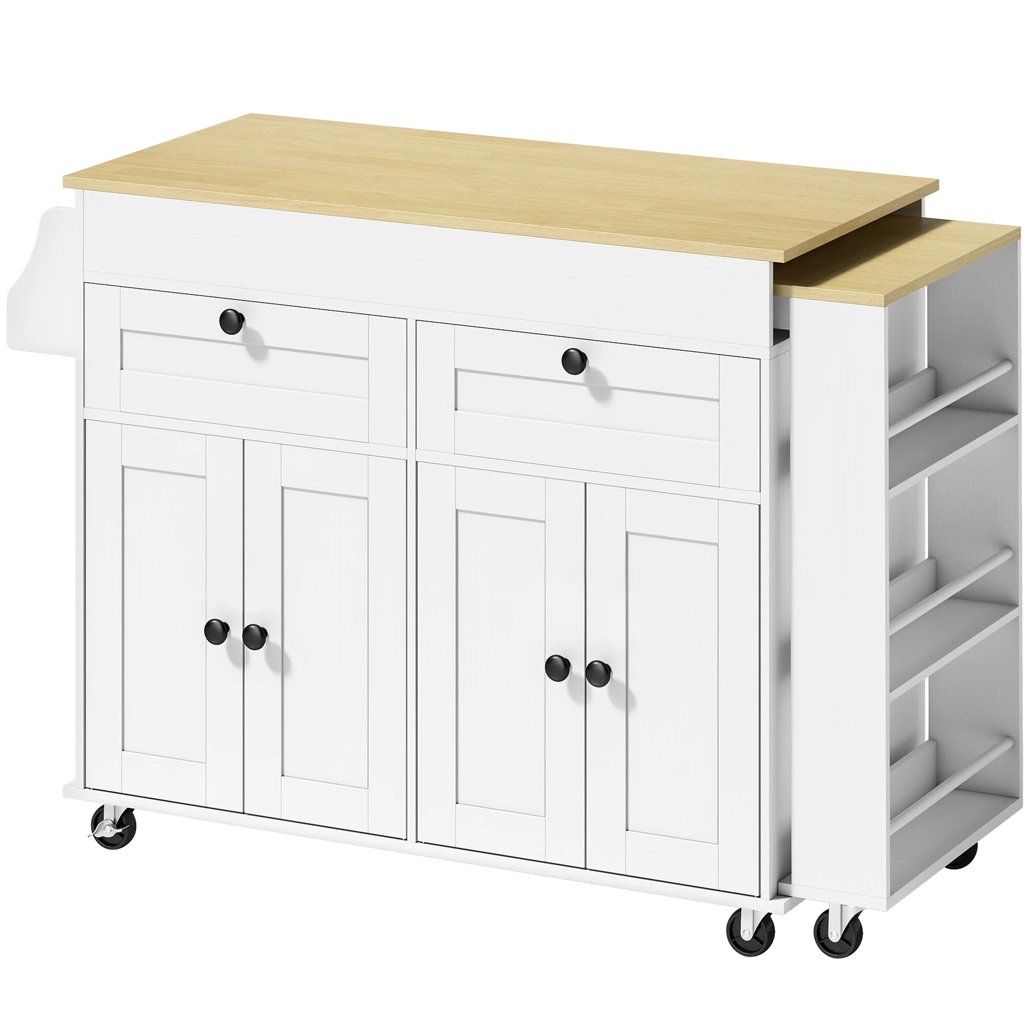 ?lot Central Cuisine avec Plateau Extensible, Desserte de Cuisine sur Roulettes avec 2 Tiroirs, 4 Portes, Porte-Serviettes et Porte-épices, Style Rustique,127,2-189,2 x 50 x 87,8 cm, Blanc - Image 2