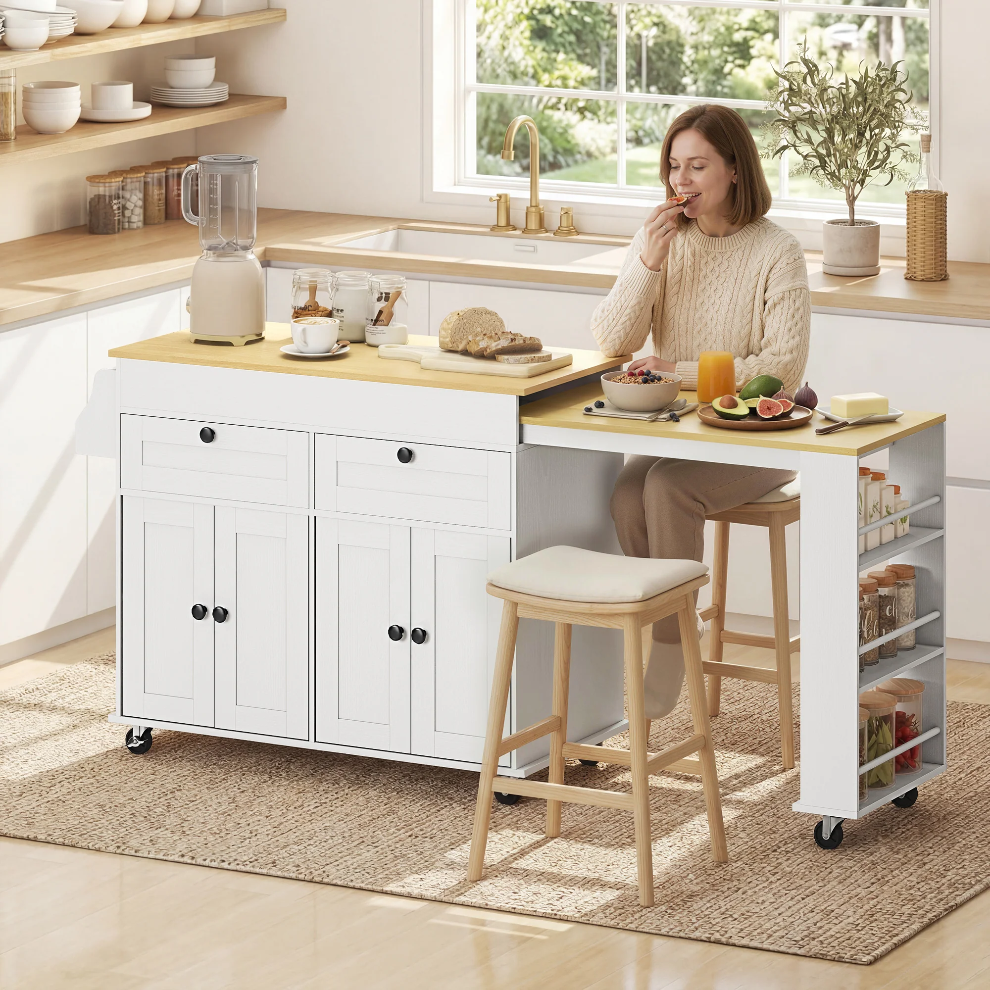?lot Central Cuisine avec Plateau Extensible, Desserte de Cuisine sur Roulettes avec 2 Tiroirs, 4 Portes, Porte-Serviettes et Porte-épices, Style Rustique,127,2-189,2 x 50 x 87,8 cm, Blanc - Image 3