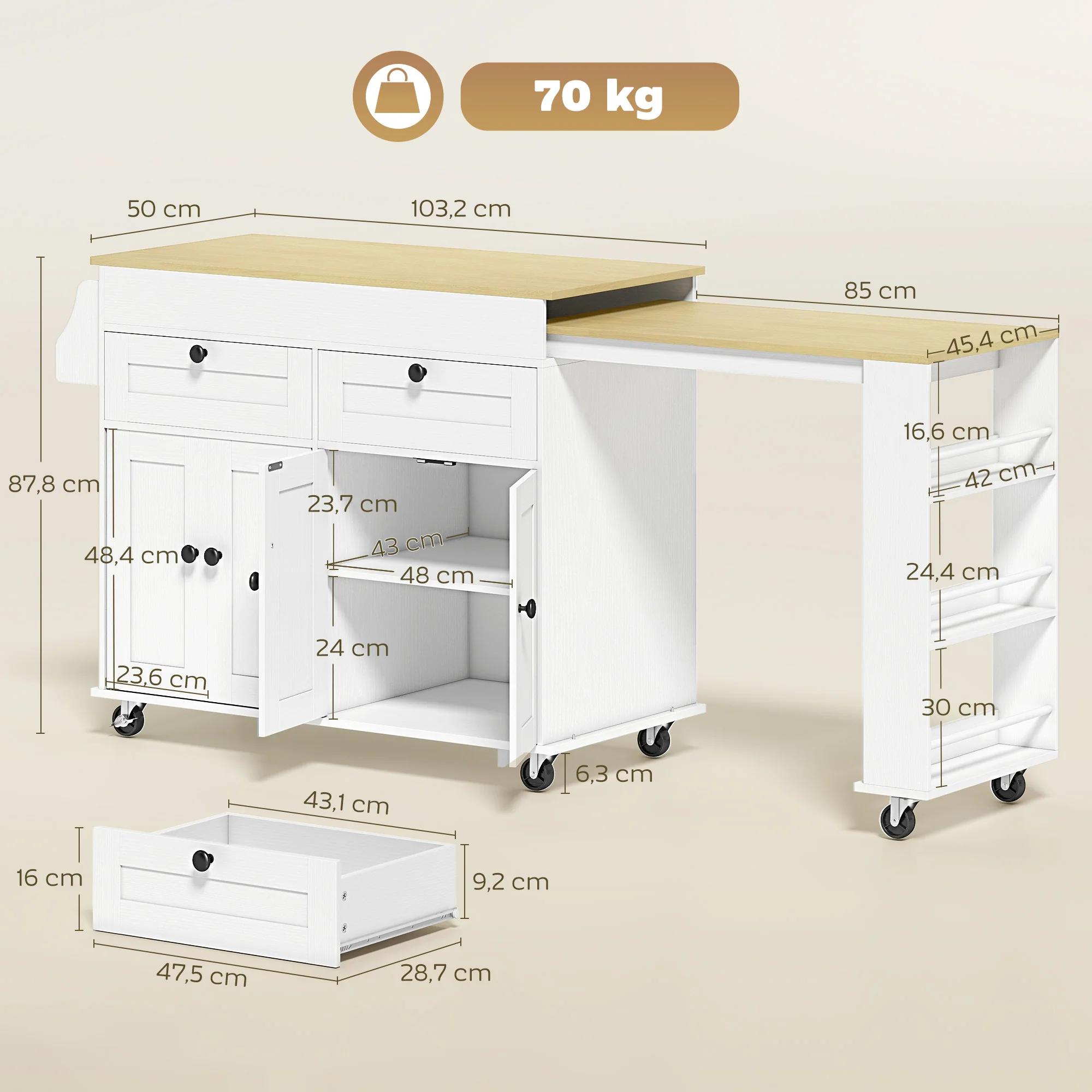 ?lot Central Cuisine avec Plateau Extensible, Desserte de Cuisine sur Roulettes avec 2 Tiroirs, 4 Portes, Porte-Serviettes et Porte-épices, Style Rustique,127,2-189,2 x 50 x 87,8 cm, Blanc - Image 4