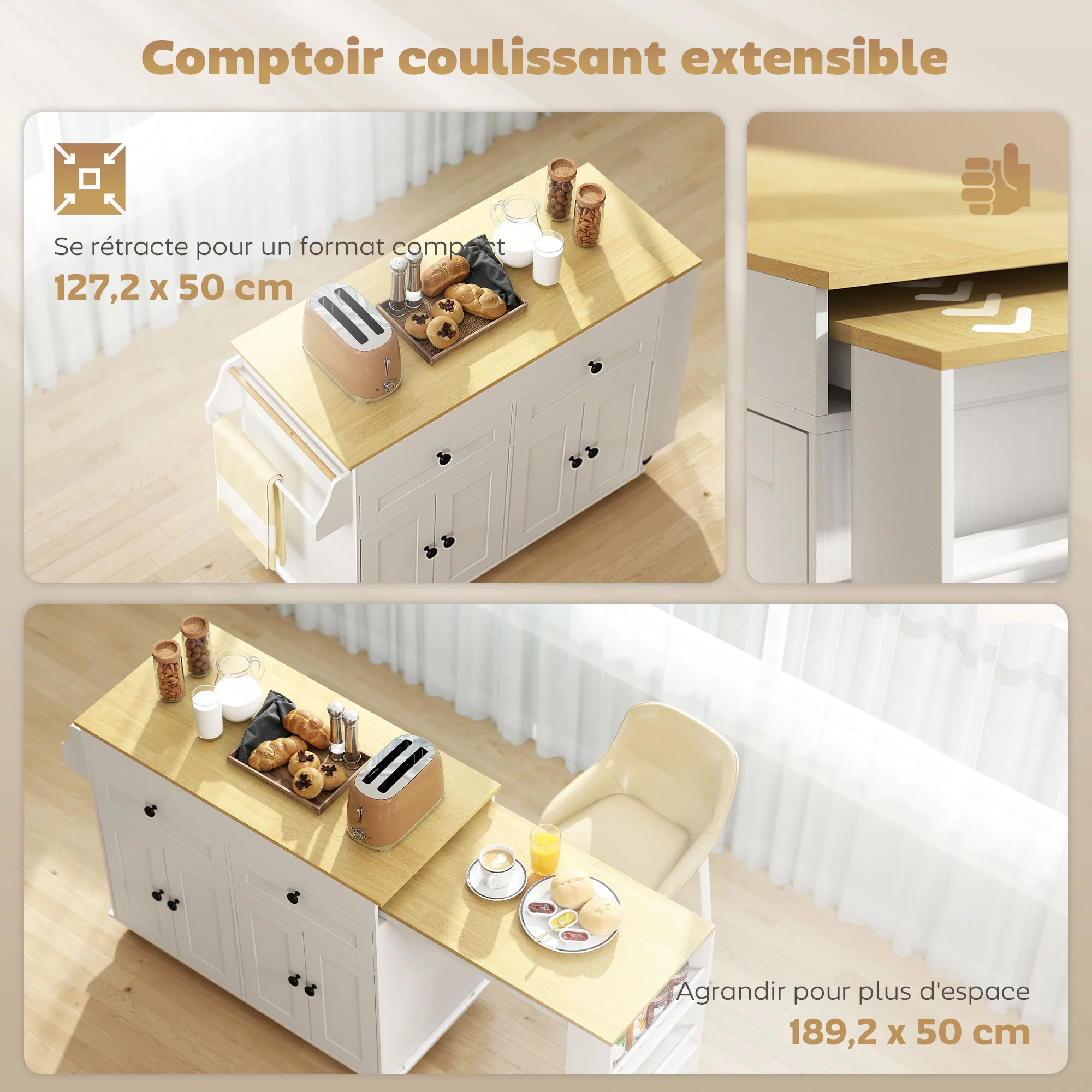 ?lot Central Cuisine avec Plateau Extensible, Desserte de Cuisine sur Roulettes avec 2 Tiroirs, 4 Portes, Porte-Serviettes et Porte-épices, Style Rustique,127,2-189,2 x 50 x 87,8 cm, Blanc - Image 5