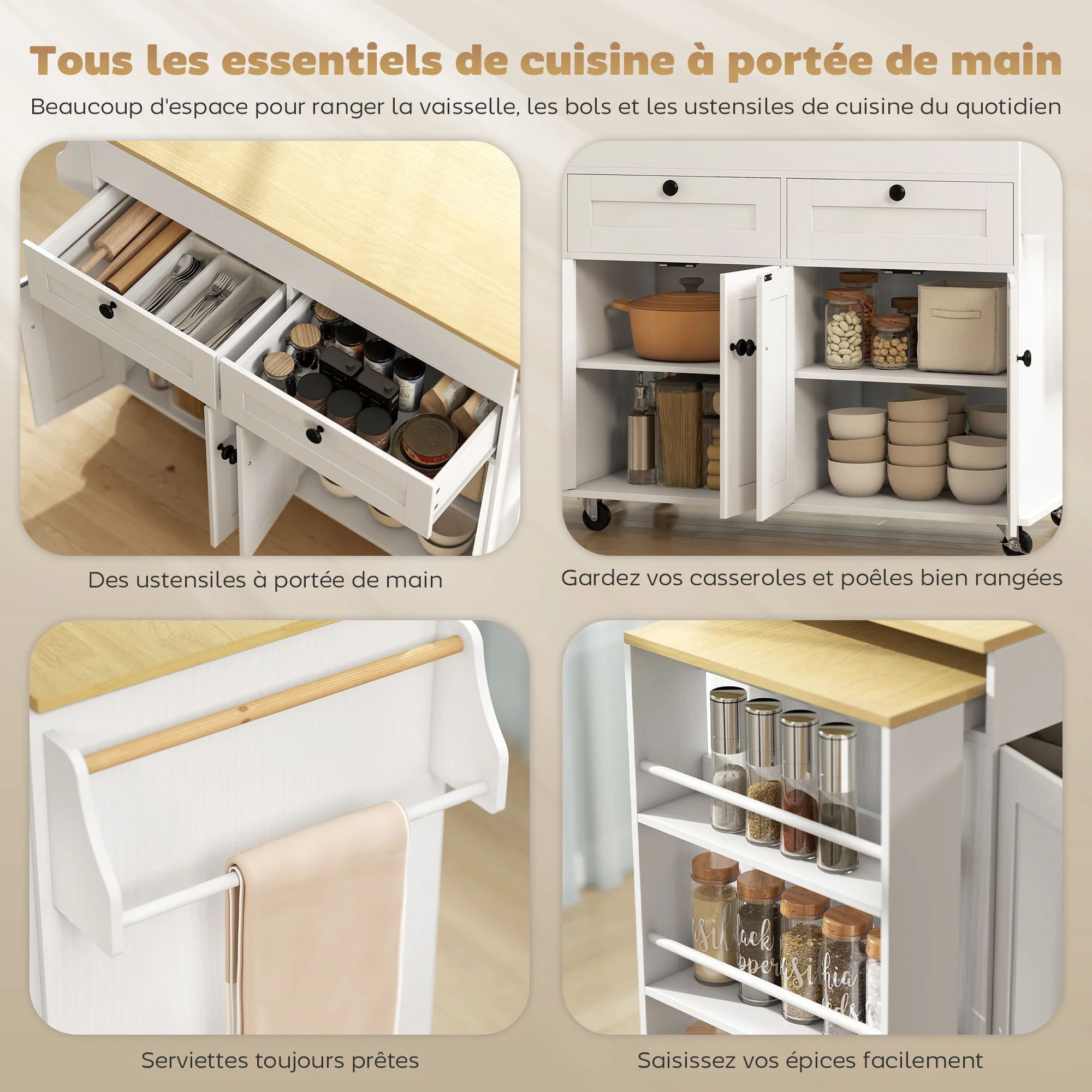?lot Central Cuisine avec Plateau Extensible, Desserte de Cuisine sur Roulettes avec 2 Tiroirs, 4 Portes, Porte-Serviettes et Porte-épices, Style Rustique,127,2-189,2 x 50 x 87,8 cm, Blanc - Image 6