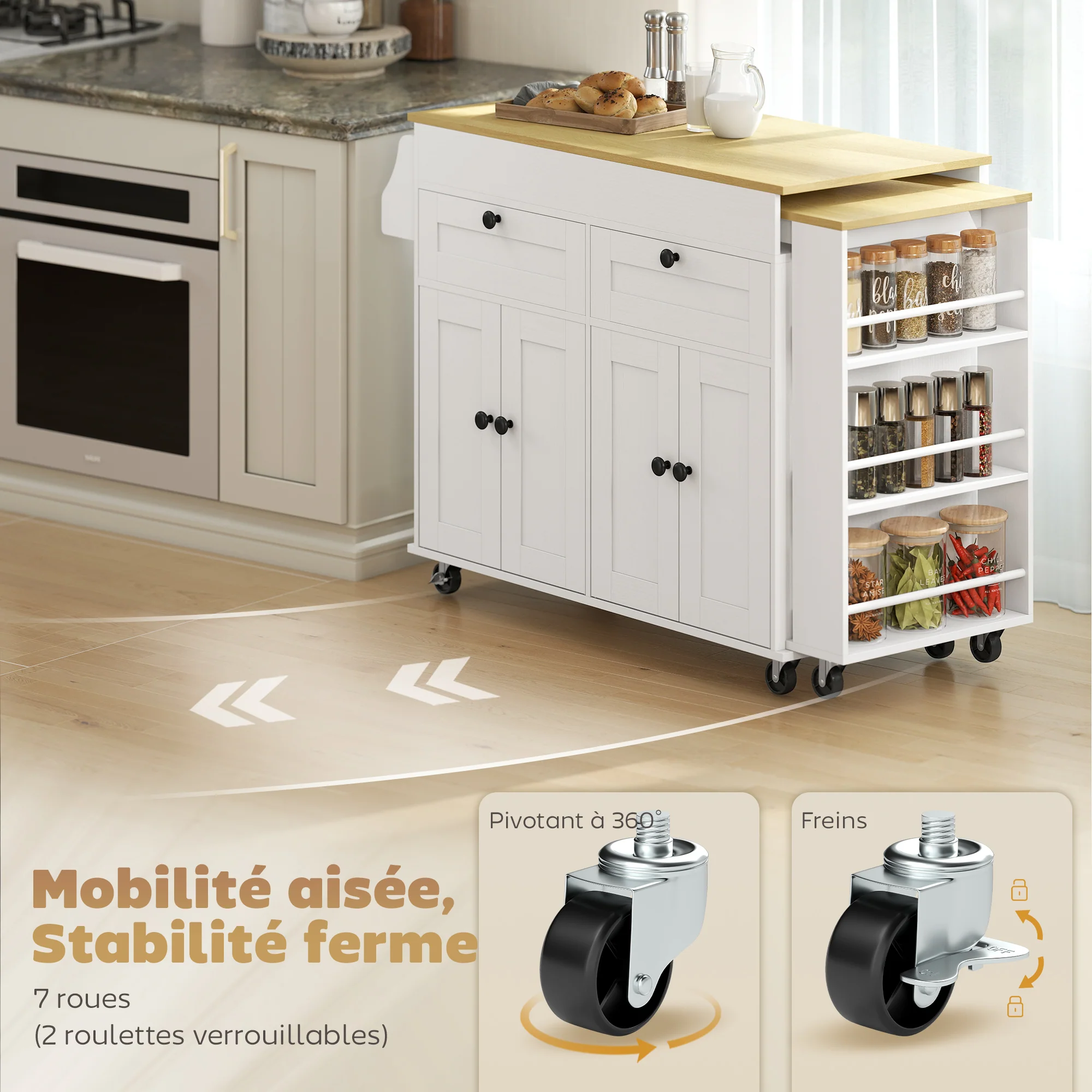 ?lot Central Cuisine avec Plateau Extensible, Desserte de Cuisine sur Roulettes avec 2 Tiroirs, 4 Portes, Porte-Serviettes et Porte-épices, Style Rustique,127,2-189,2 x 50 x 87,8 cm, Blanc - Image 7