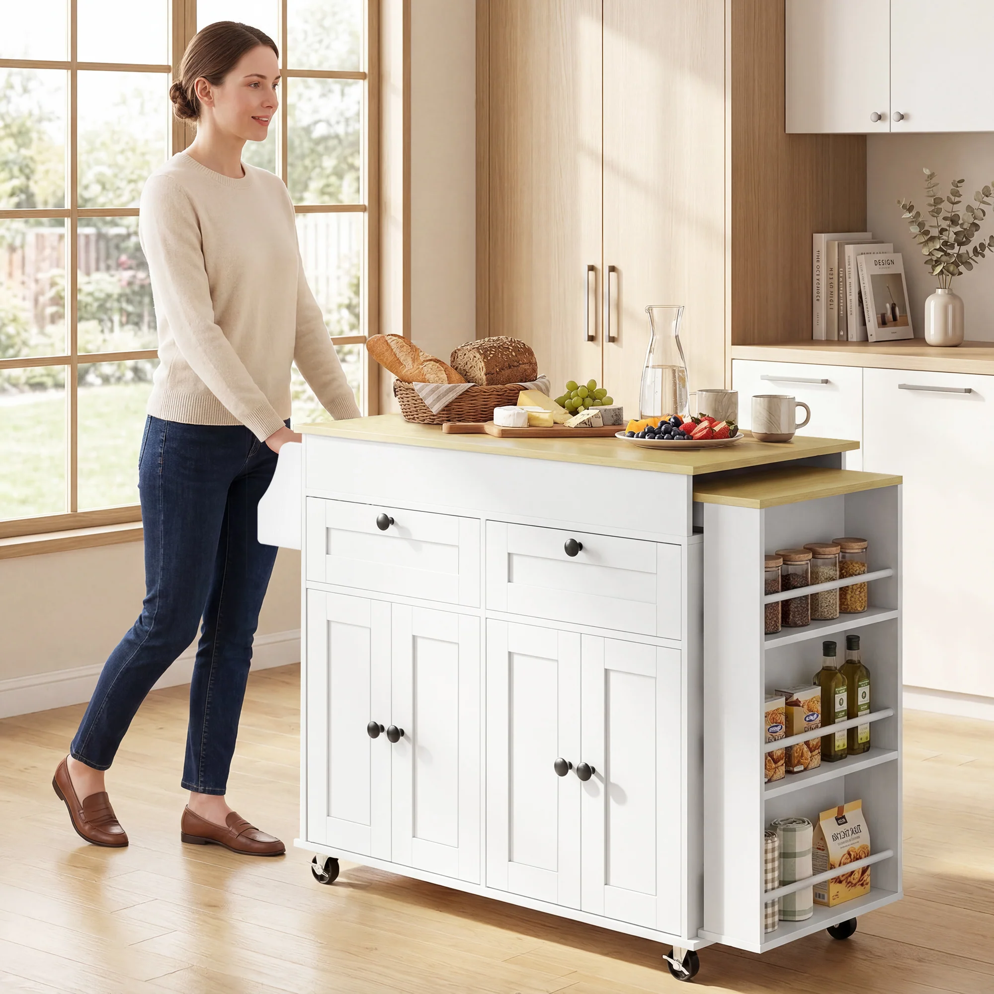?lot Central Cuisine avec Plateau Extensible, Desserte de Cuisine sur Roulettes avec 2 Tiroirs, 4 Portes, Porte-Serviettes et Porte-épices, Style Rustique,127,2-189,2 x 50 x 87,8 cm, Blanc - Image 9