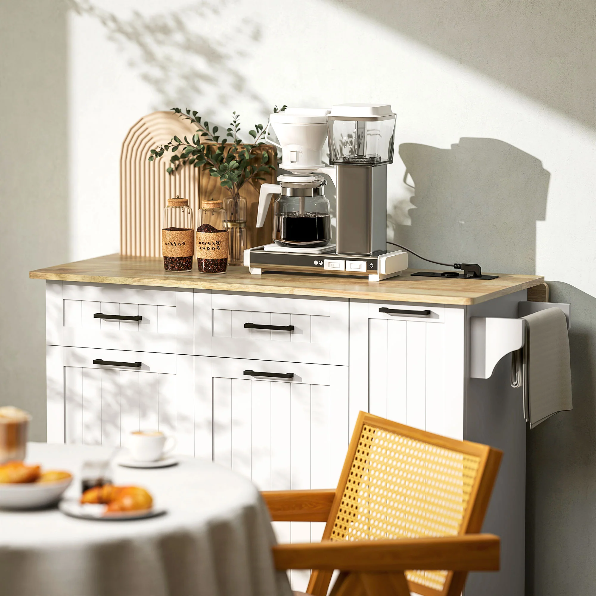 ?lot central cuisine mobile avec prise de courant et port USB desserte cuisine à roulettes avec tablette à abattant 2 tiroirs 2 placards étagère réglable porte-épices et porte-serviettes blanc - Image 10