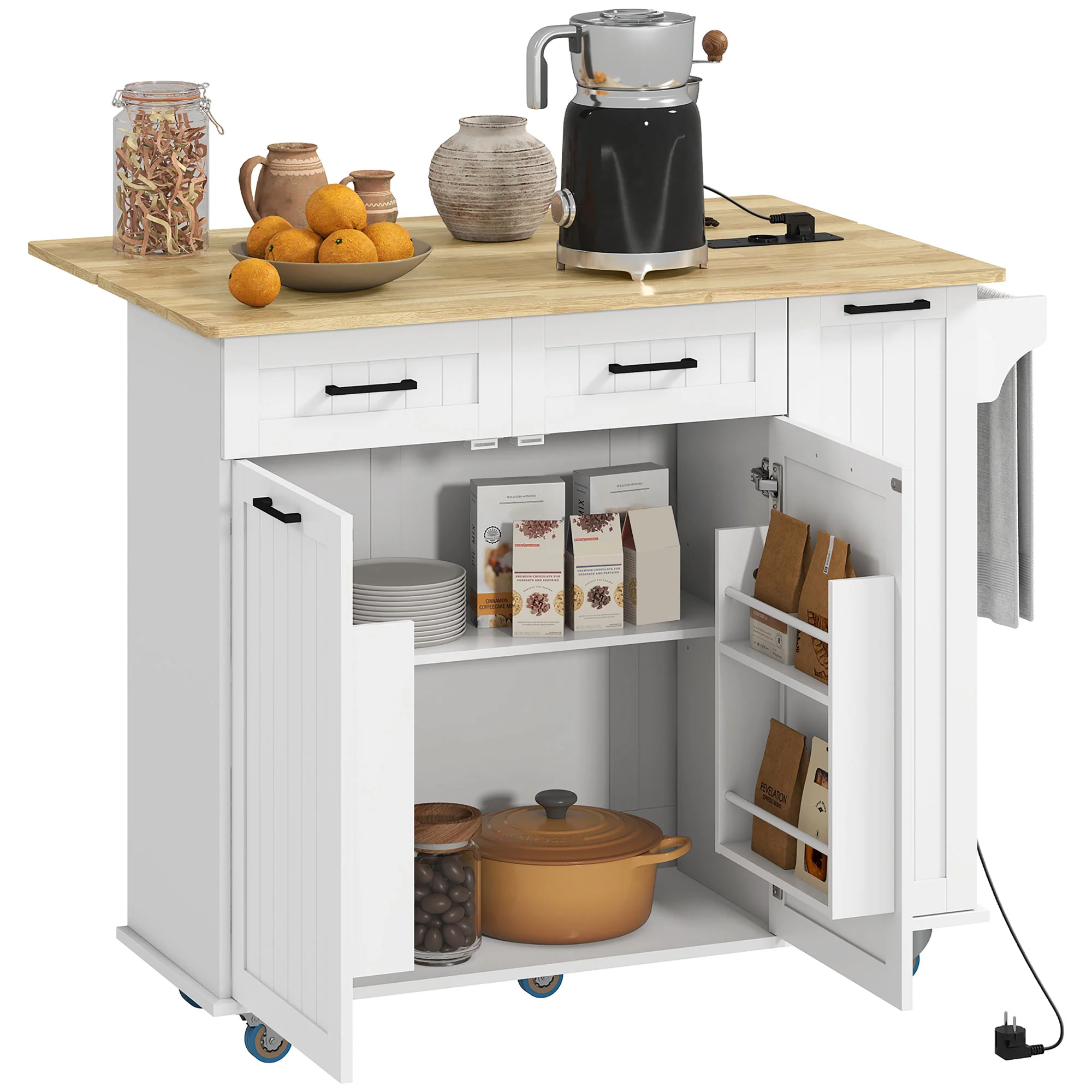?lot central cuisine mobile avec prise de courant et port USB desserte cuisine à roulettes avec tablette à abattant 2 tiroirs 2 placards étagère réglable porte-épices et porte-serviettes blanc - Image 11