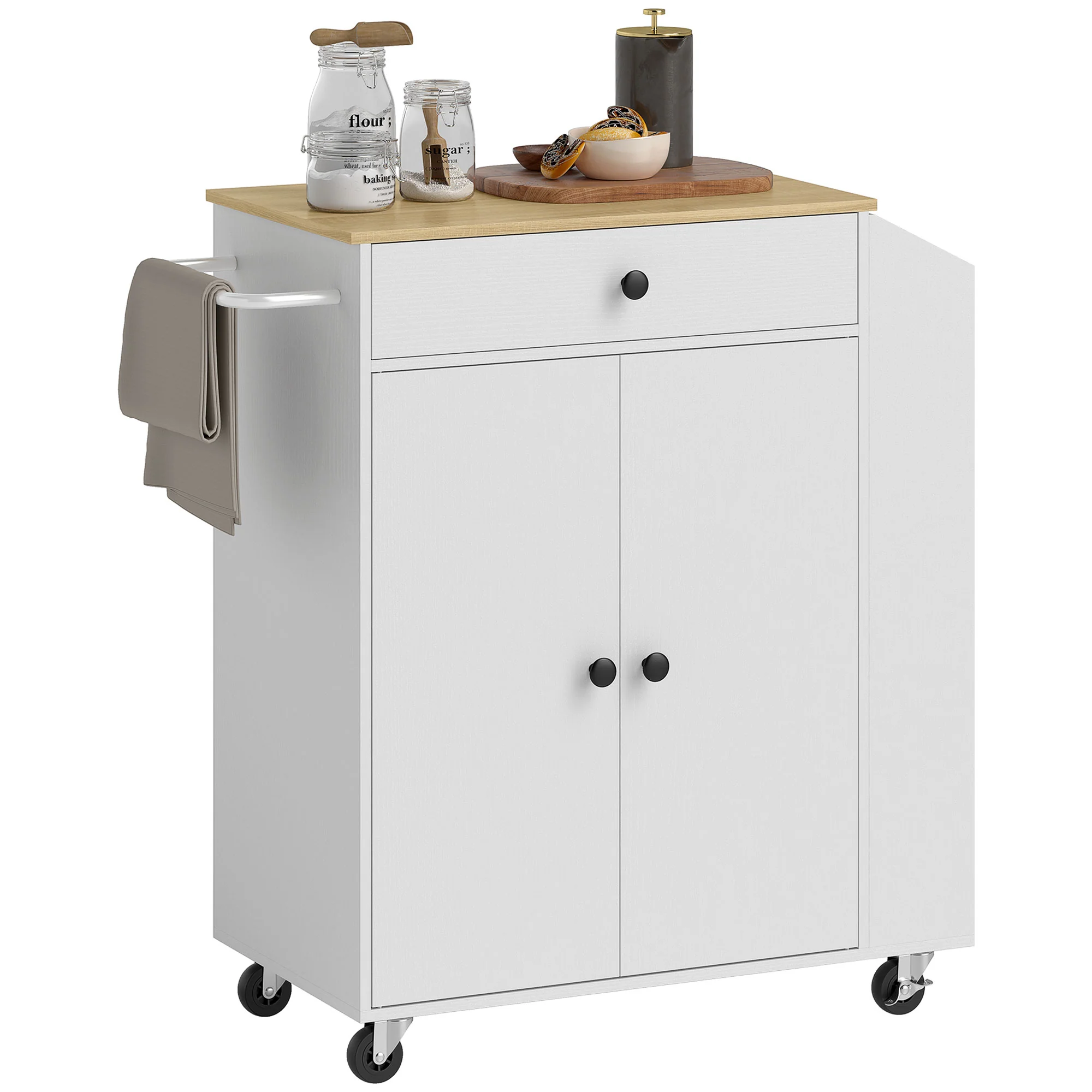 ?lot central cuisine mobile, desserte cuisine avec tiroir, étagère réglable, placard à deux portes, barre à serviettes et étagères à épices pour salle à manger, blanc