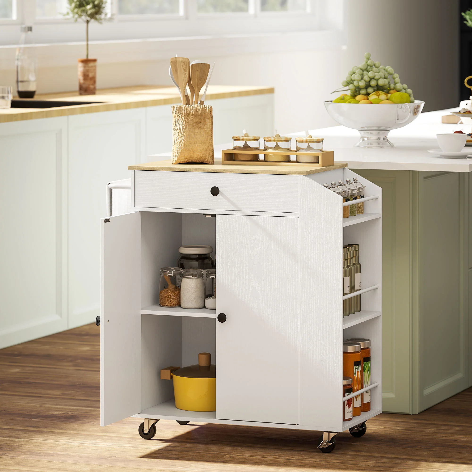 ?lot central cuisine mobile, desserte cuisine avec tiroir, étagère réglable, placard à deux portes, barre à serviettes et étagères à épices pour salle à manger, blanc - Image 3