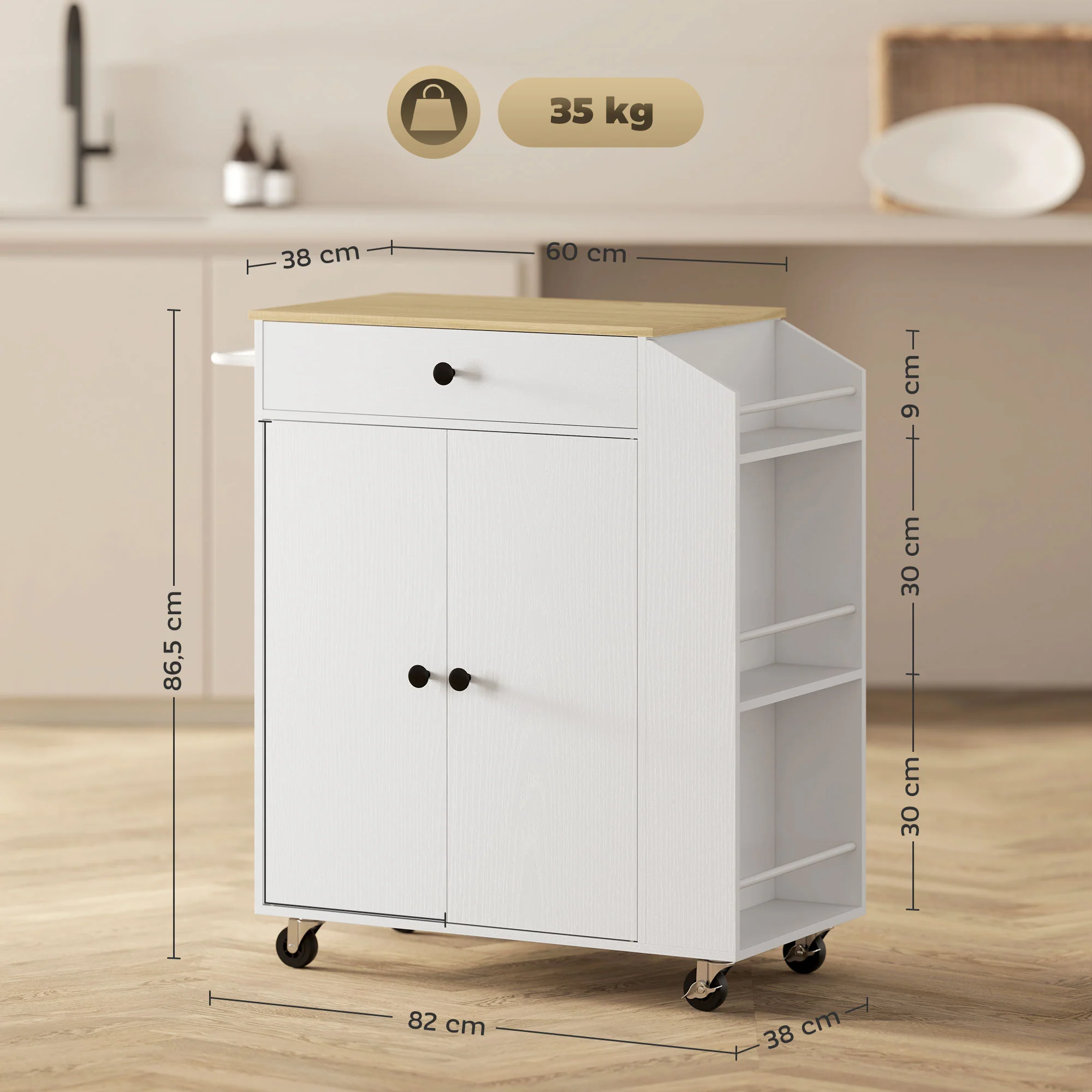 ?lot central cuisine mobile, desserte cuisine avec tiroir, étagère réglable, placard à deux portes, barre à serviettes et étagères à épices pour salle à manger, blanc - Image 4