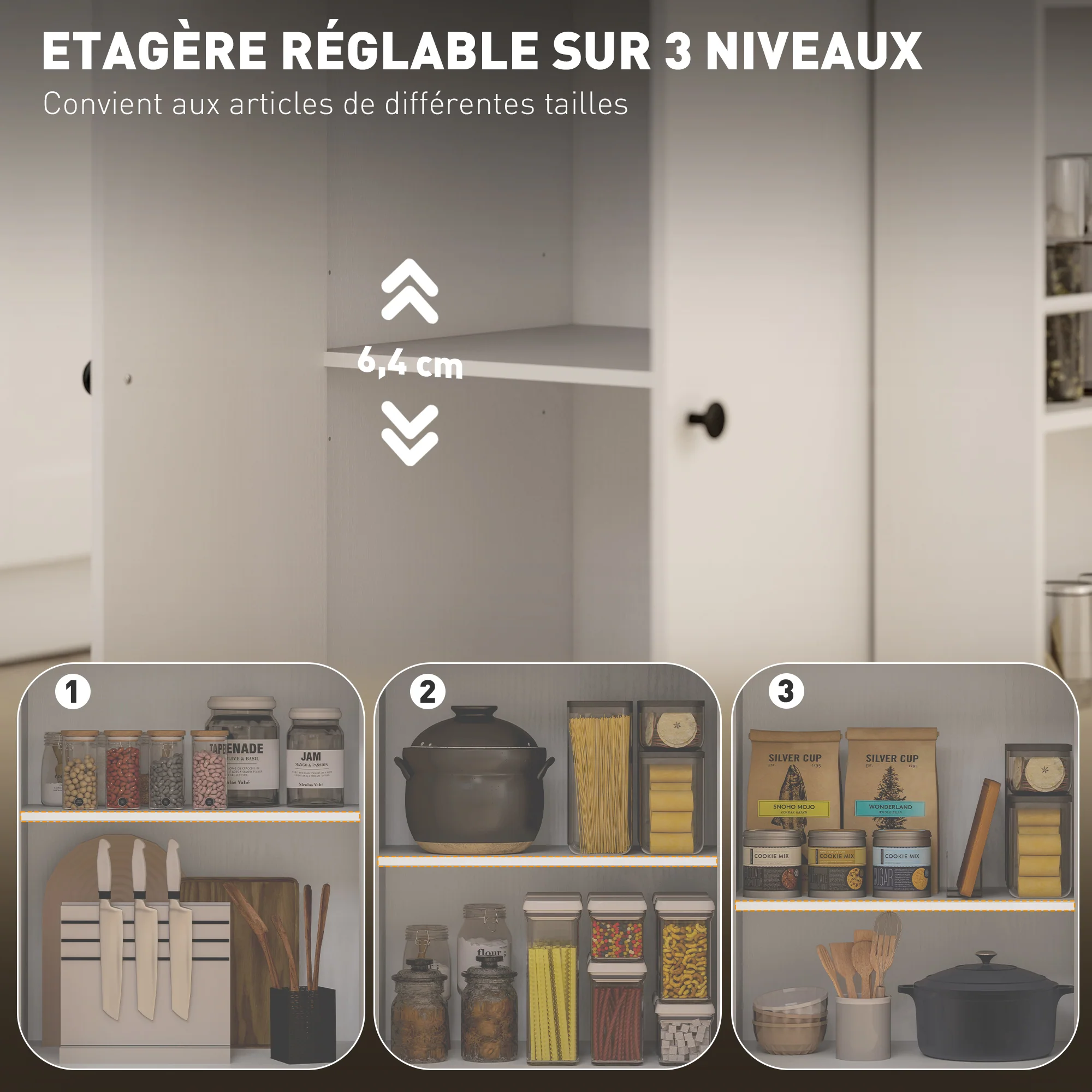 ?lot central cuisine mobile, desserte cuisine avec tiroir, étagère réglable, placard à deux portes, barre à serviettes et étagères à épices pour salle à manger, blanc - Image 6