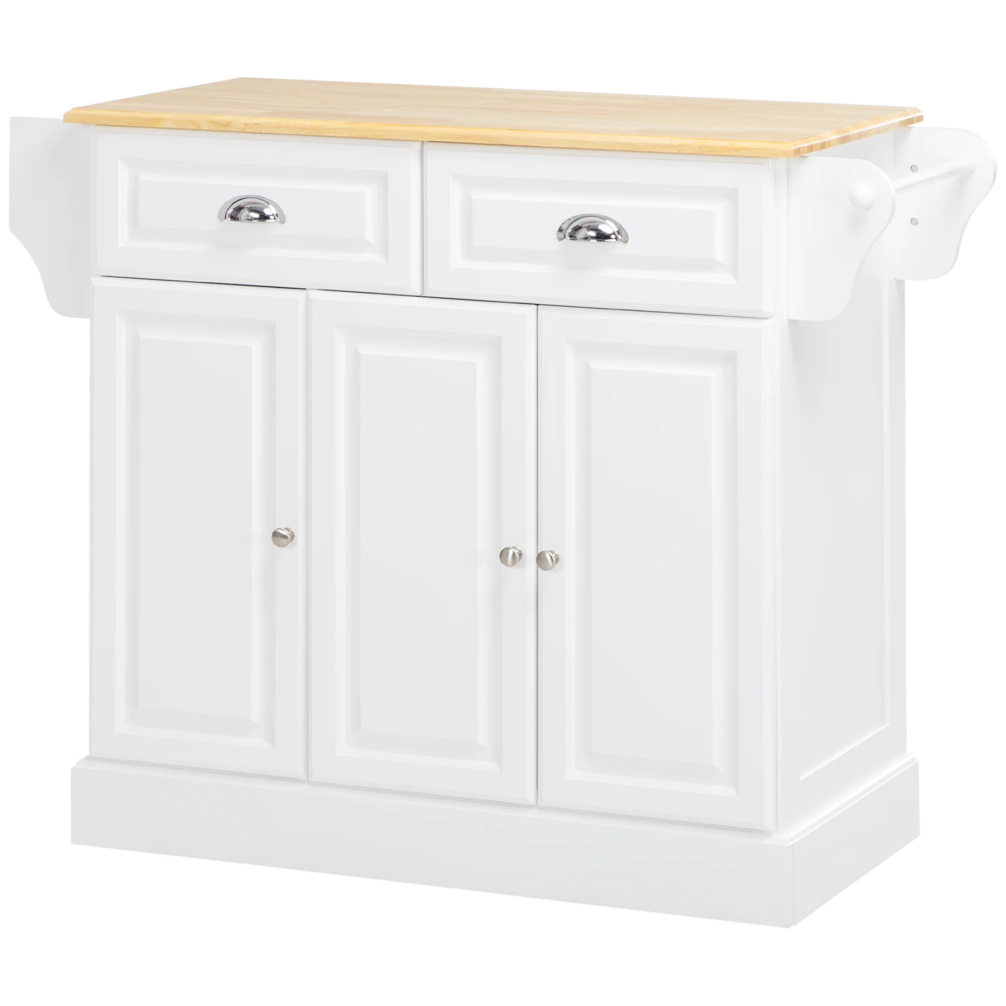 Ilot de cuisine Chariot de cuisine à roulettes Desserte polyvalent avec 2 tiroirs 3 portes Porte-serviettes et porte-épices pour salle à manger dim. 110L x 45l x 91H cm Blanc