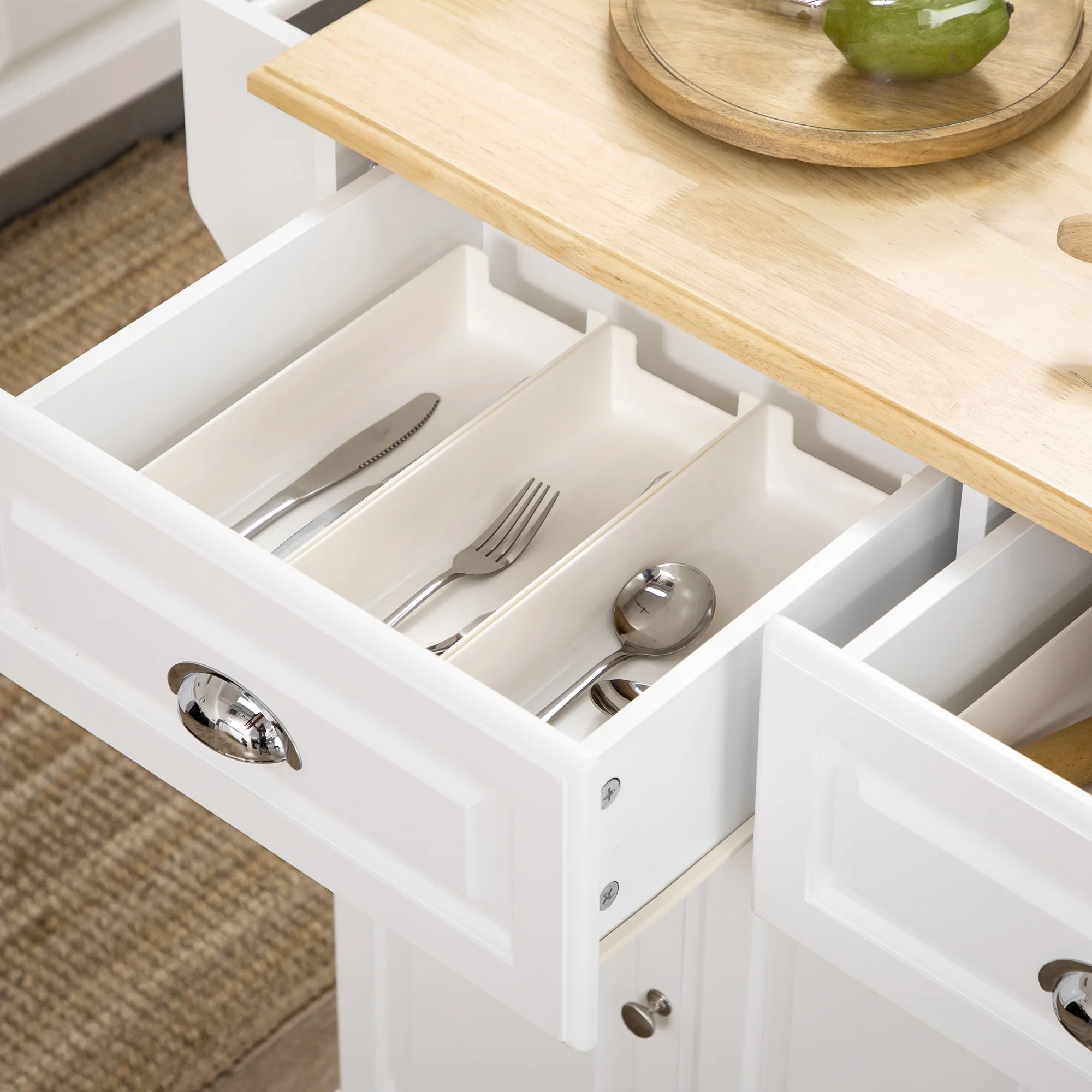 Ilot de cuisine Chariot de cuisine à roulettes Desserte polyvalent avec 2 tiroirs 3 portes Porte-serviettes et porte-épices pour salle à manger dim. 110L x 45l x 91H cm Blanc - Image 10