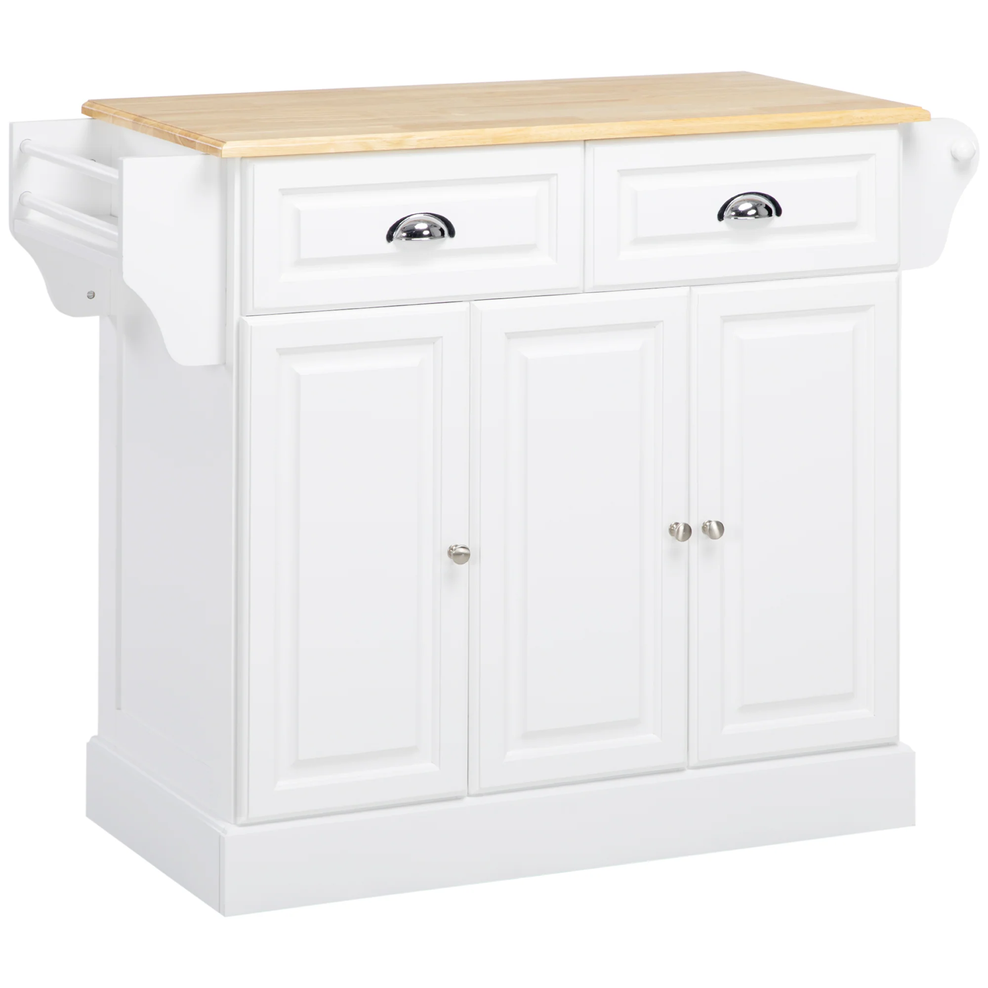 Ilot de cuisine Chariot de cuisine à roulettes Desserte polyvalent avec 2 tiroirs 3 portes Porte-serviettes et porte-épices pour salle à manger dim. 110L x 45l x 91H cm Blanc - Image 2