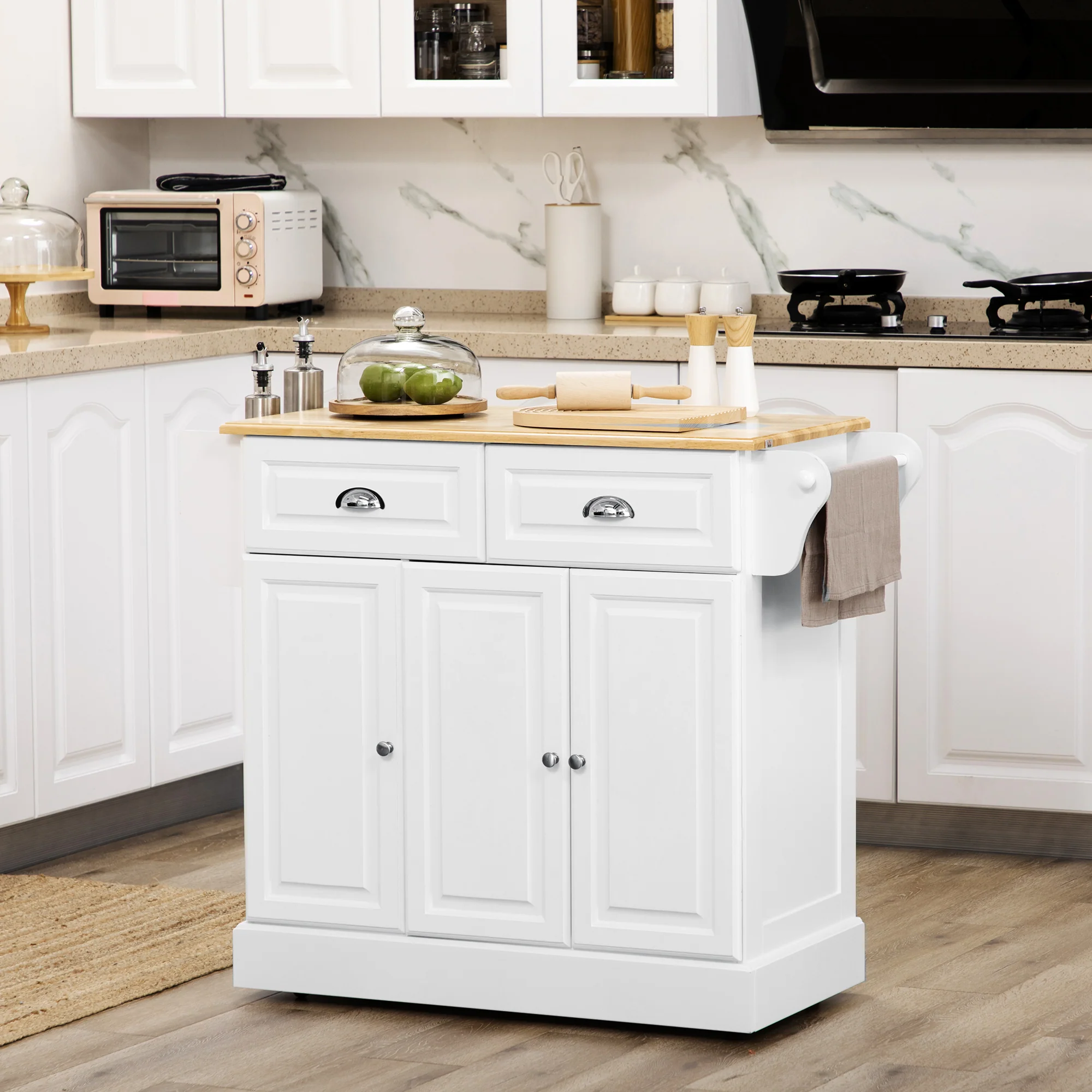 Ilot de cuisine Chariot de cuisine à roulettes Desserte polyvalent avec 2 tiroirs 3 portes Porte-serviettes et porte-épices pour salle à manger dim. 110L x 45l x 91H cm Blanc - Image 3
