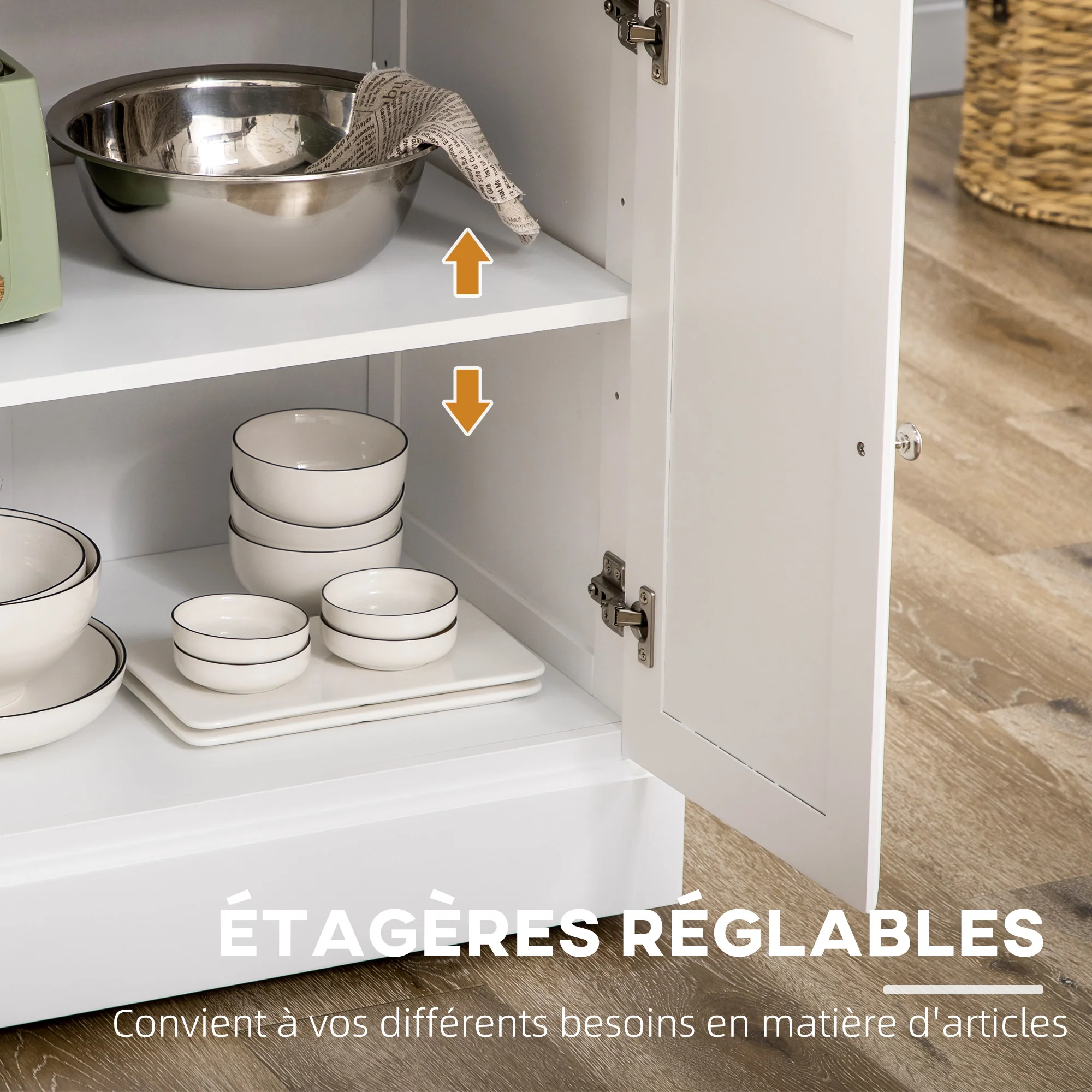 Ilot de cuisine Chariot de cuisine à roulettes Desserte polyvalent avec 2 tiroirs 3 portes Porte-serviettes et porte-épices pour salle à manger dim. 110L x 45l x 91H cm Blanc - Image 6