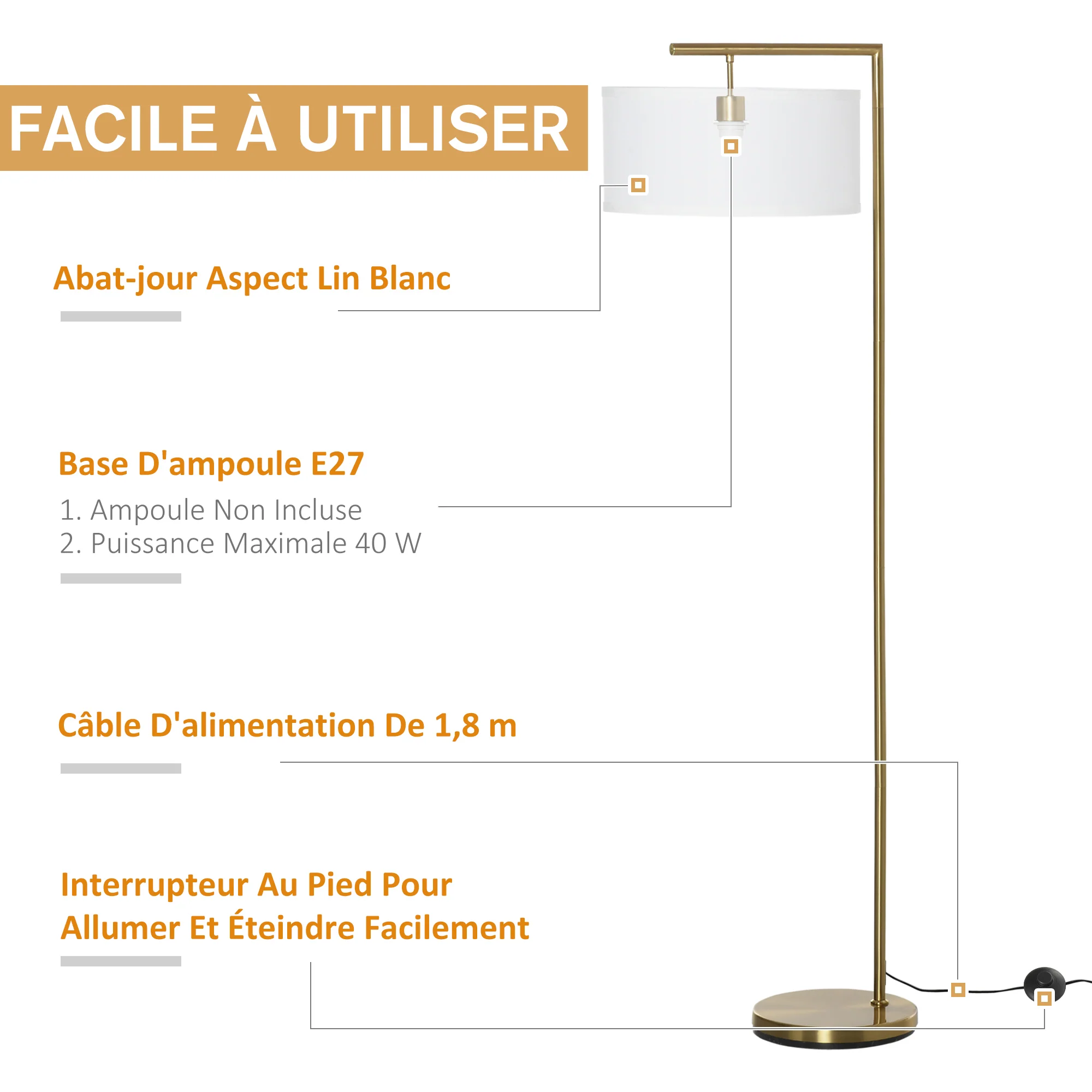 Lampadaire lampe à pied abat-jour en tissu de lin base ronde stable pour salle bureau chambre à coucher 47 x 37 x 153 cm or et blanc - Image 7