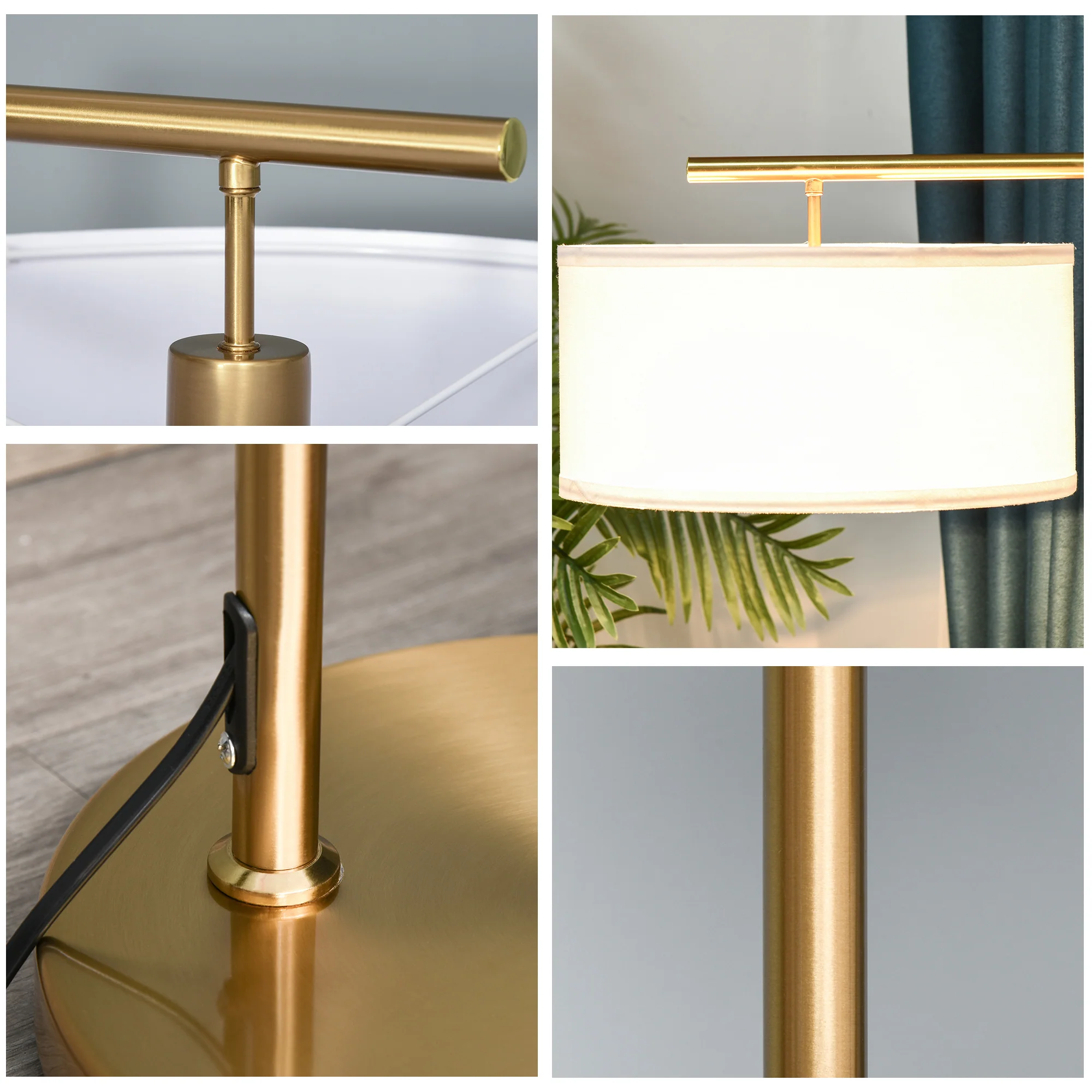 Lampadaire lampe à pied abat-jour en tissu de lin base ronde stable pour salle bureau chambre à coucher 47 x 37 x 153 cm or et blanc - Image 9