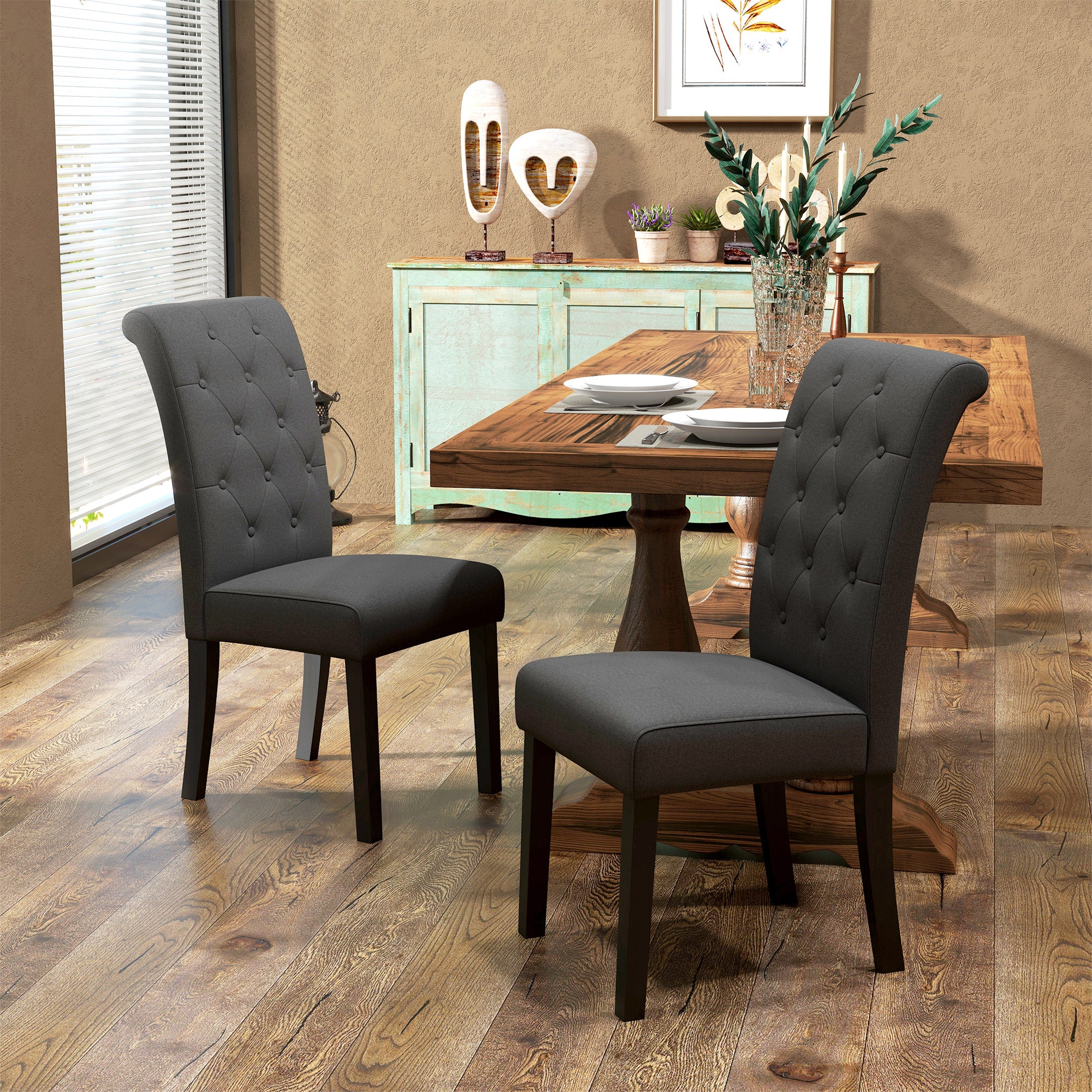 Lot de 2 chaises de Salle à Manger Chaise de cuicine Grand Confort Pieds en Bois Lin 47 x 61 x 101 cm gris foncé - Image 3