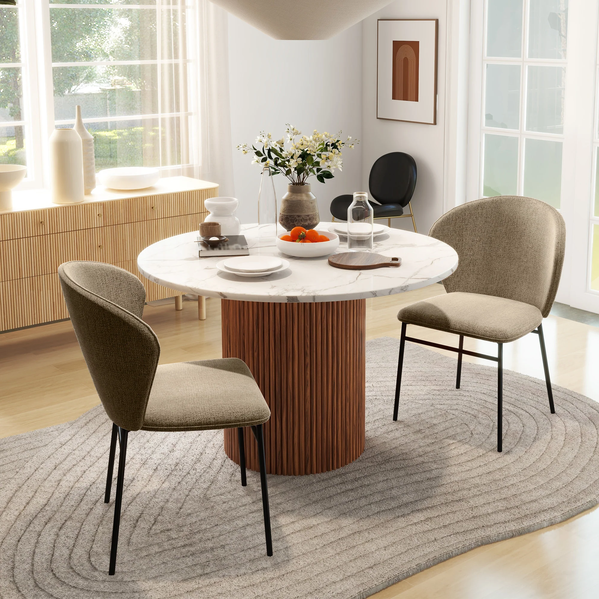 Lot de 2 chaises de salle à manger, chaise de cuisine, assise rembourrée en tissu aspect lin, pieds en acier stable, chaise de salle de bureau, design moderne, marron clair - Image 3