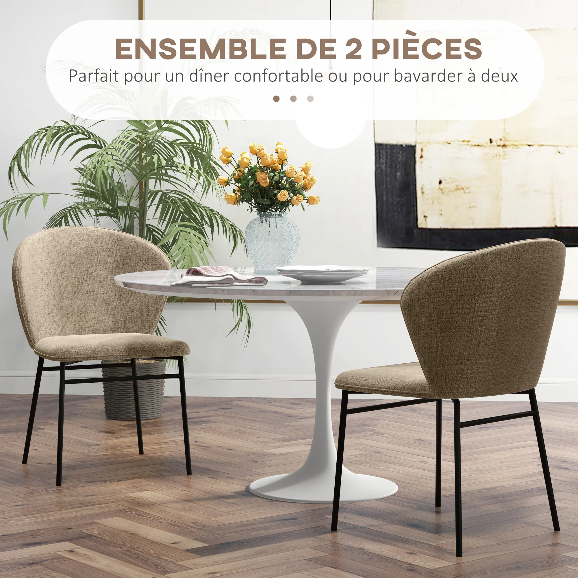 Lot de 2 chaises de salle à manger, chaise de cuisine, assise rembourrée en tissu aspect lin, pieds en acier stable, chaise de salle de bureau, design moderne, marron clair - Image 5