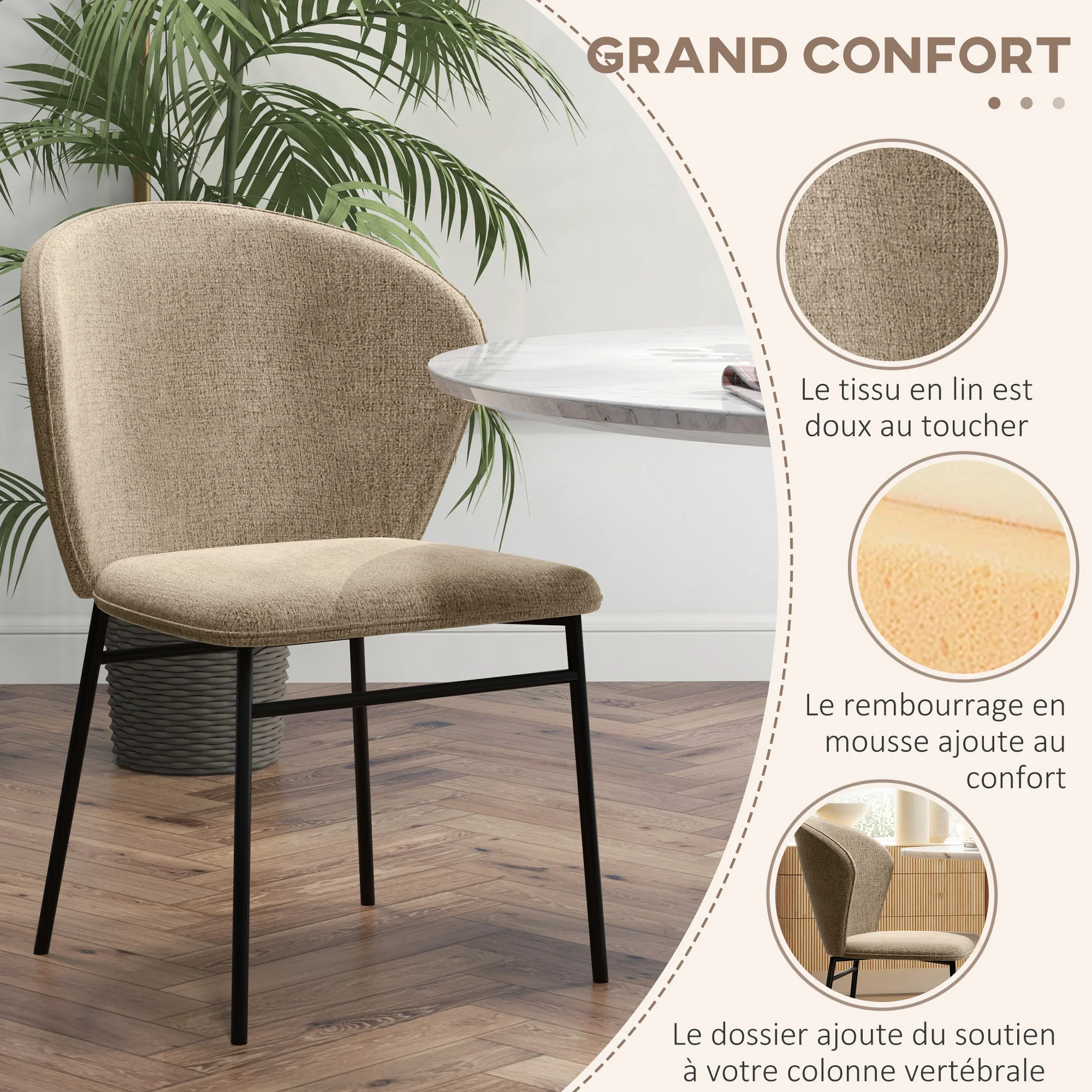 Lot de 2 chaises de salle à manger, chaise de cuisine, assise rembourrée en tissu aspect lin, pieds en acier stable, chaise de salle de bureau, design moderne, marron clair - Image 6