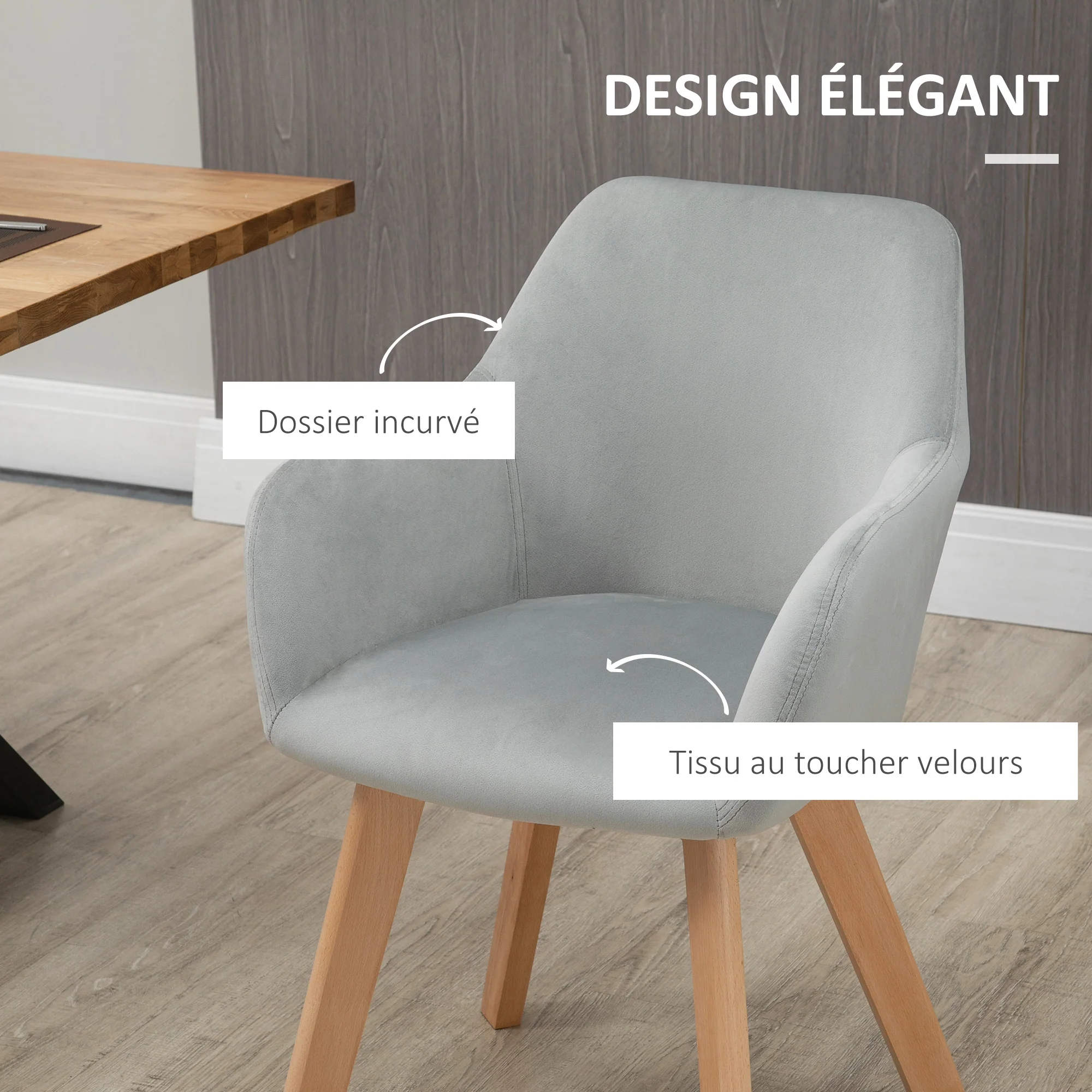Lot de 2 chaises de salle à manger chaise de cuisine assise rembourrée en tissu effet velours pieds en bois pour cuisine salon chambre bureau, gris - Image 6