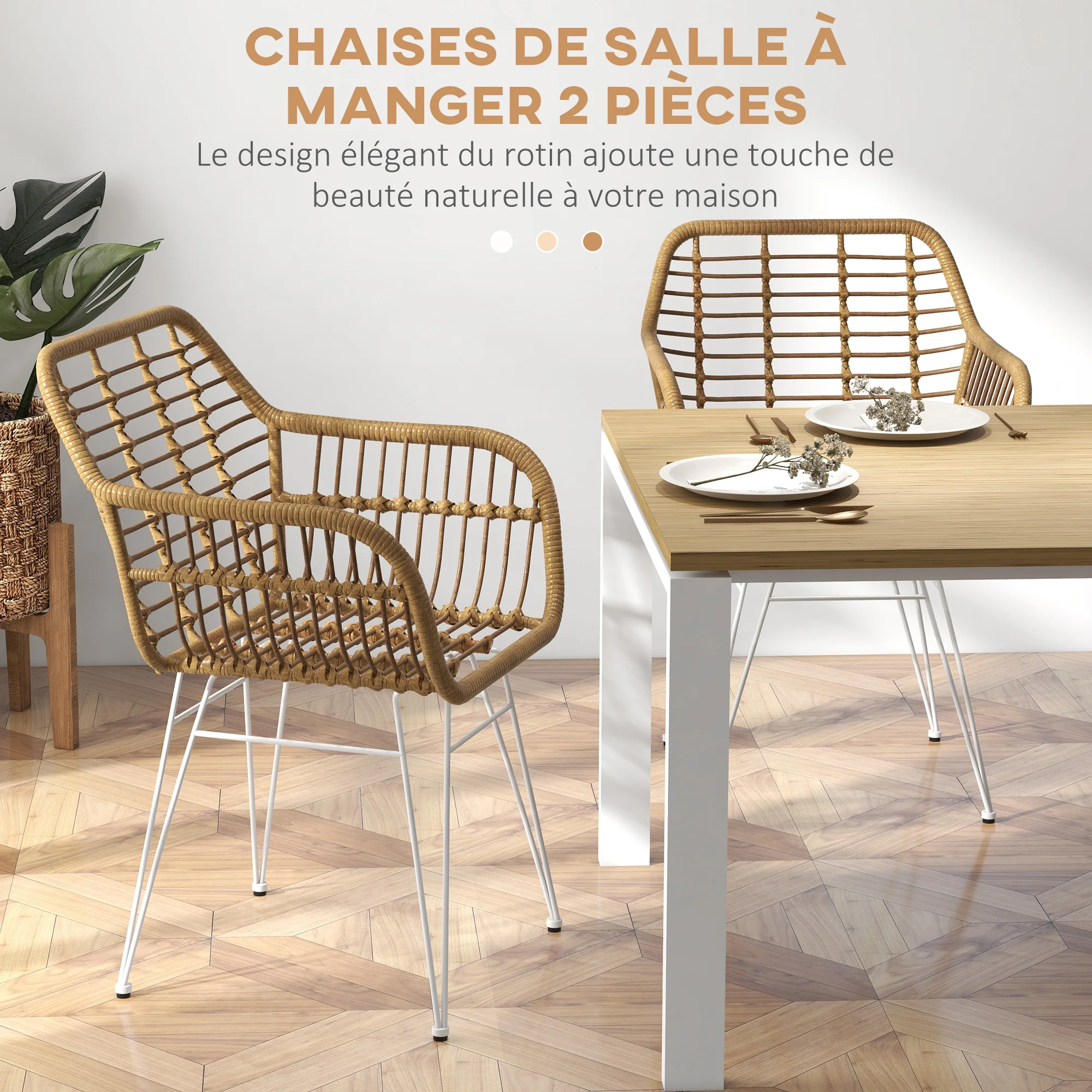 Lot de 2 chaises de salle à manger chaise de cuisine design bohème assise en résine tressée piètement en acier chaise à d?nner 56 x 60 x 79 cm blanc - Image 5