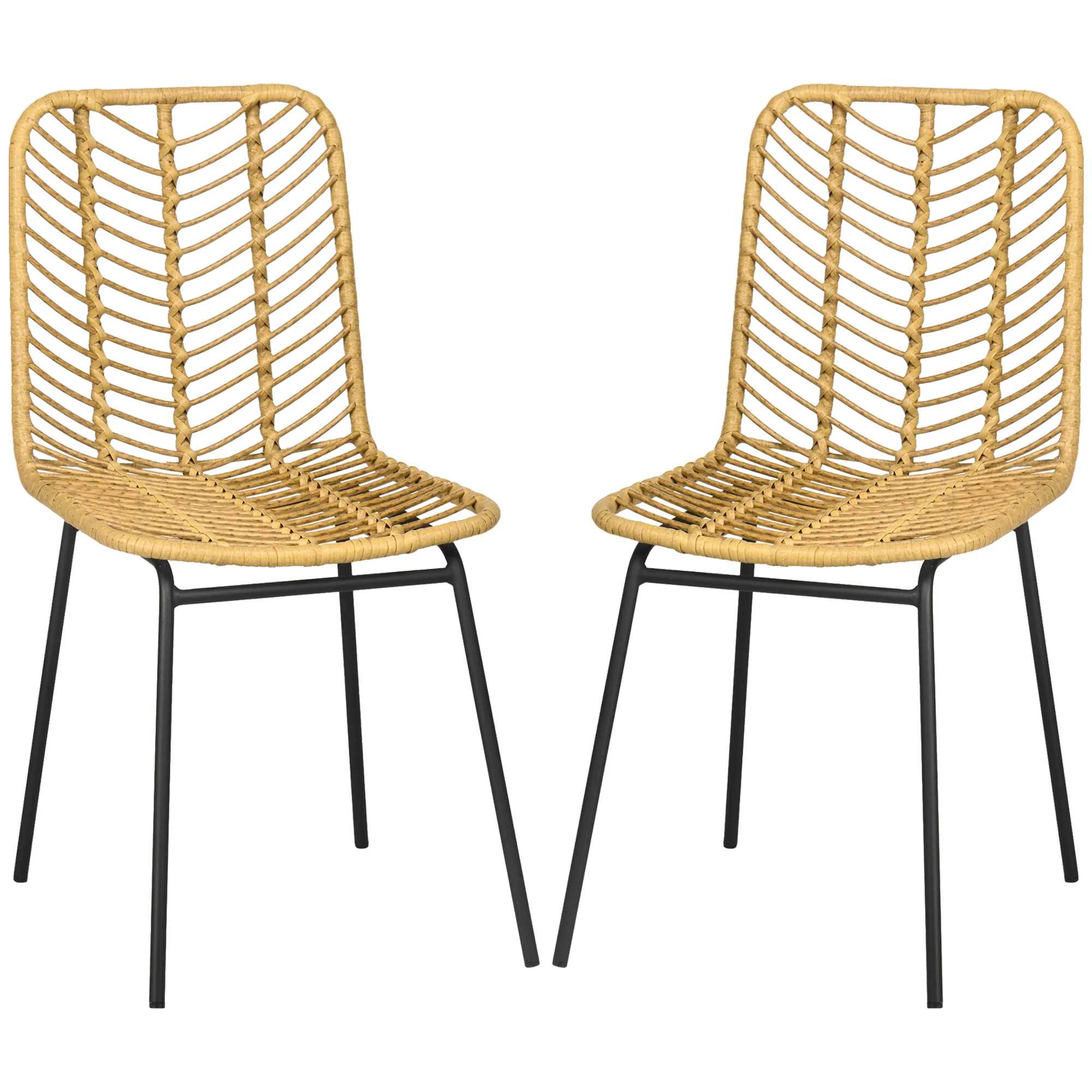 Lot de 2 chaises de salle à manger chaise de cuisine design bohème en résine tressée imitation rotin et piètement métal - 44 x 58 x 85 cm - jaune