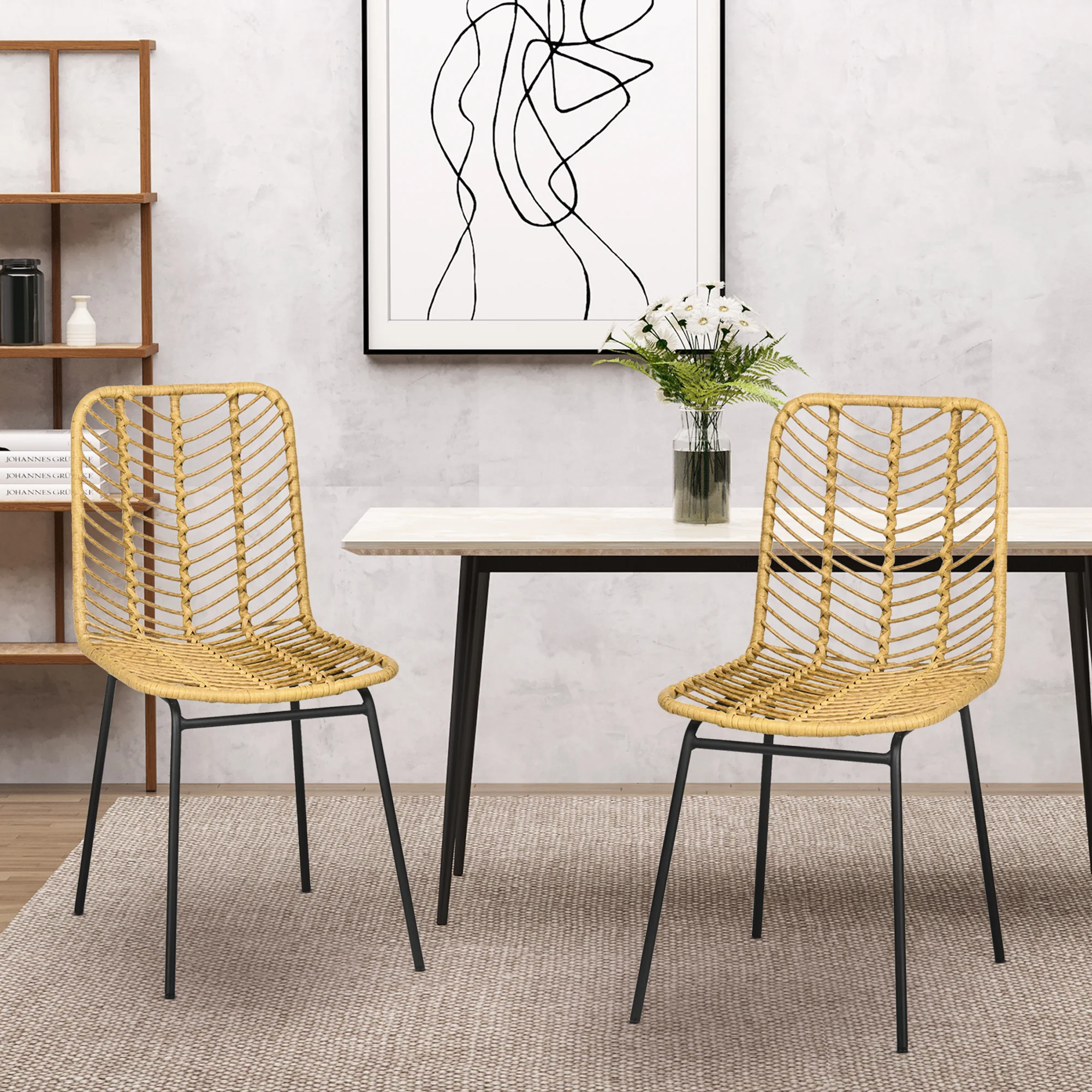 Lot de 2 chaises de salle à manger chaise de cuisine design bohème en résine tressée imitation rotin et piètement métal - 44 x 58 x 85 cm - jaune - Image 3