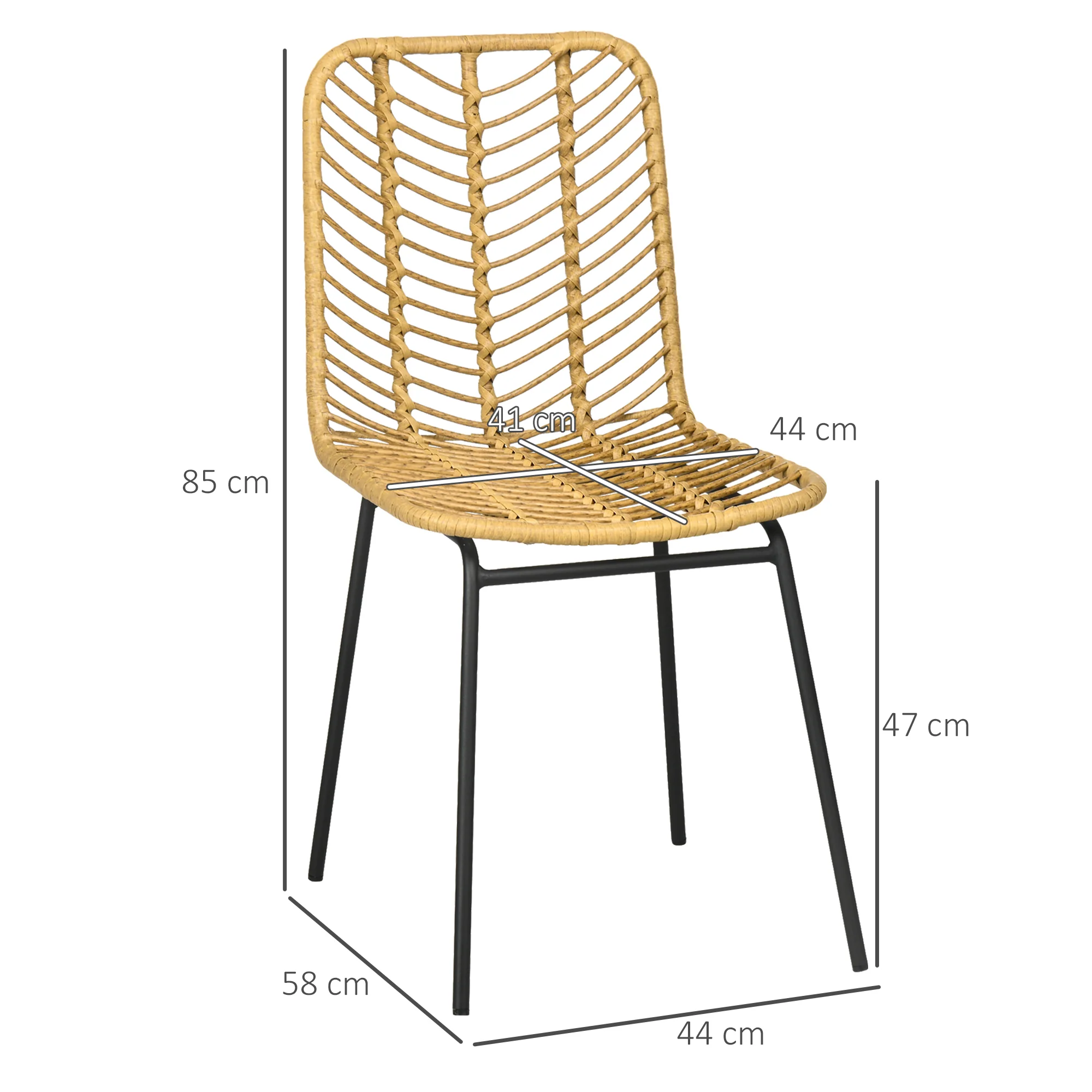 Lot de 2 chaises de salle à manger chaise de cuisine design bohème en résine tressée imitation rotin et piètement métal - 44 x 58 x 85 cm - jaune - Image 4