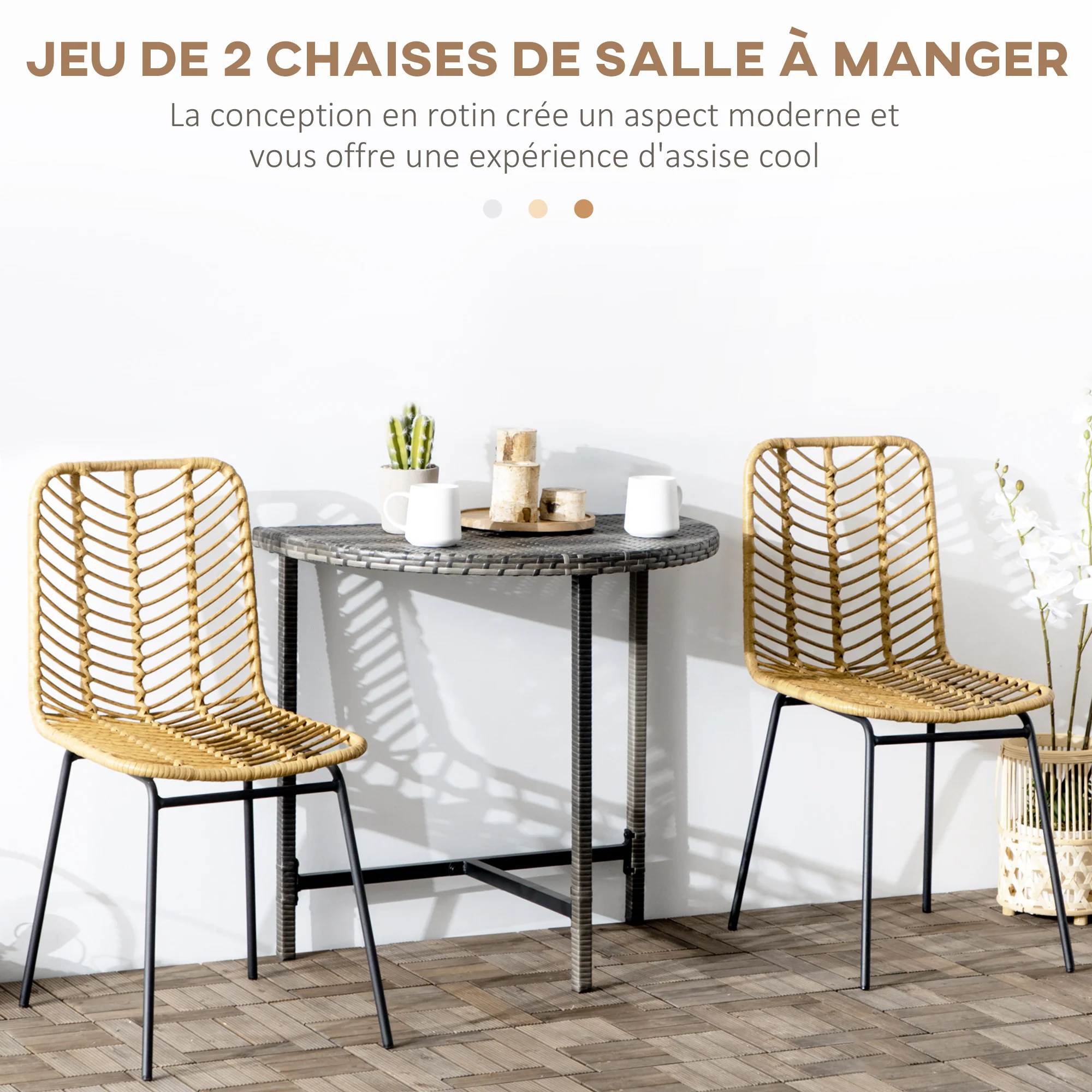 Lot de 2 chaises de salle à manger chaise de cuisine design bohème en résine tressée imitation rotin et piètement métal - 44 x 58 x 85 cm - jaune - Image 5