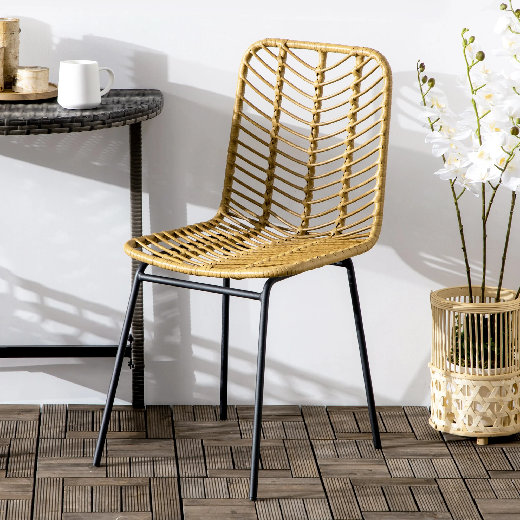 Lot de 2 chaises de salle à manger chaise de cuisine design bohème en résine tressée imitation rotin et piètement métal - 44 x 58 x 85 cm - jaune - Image 8