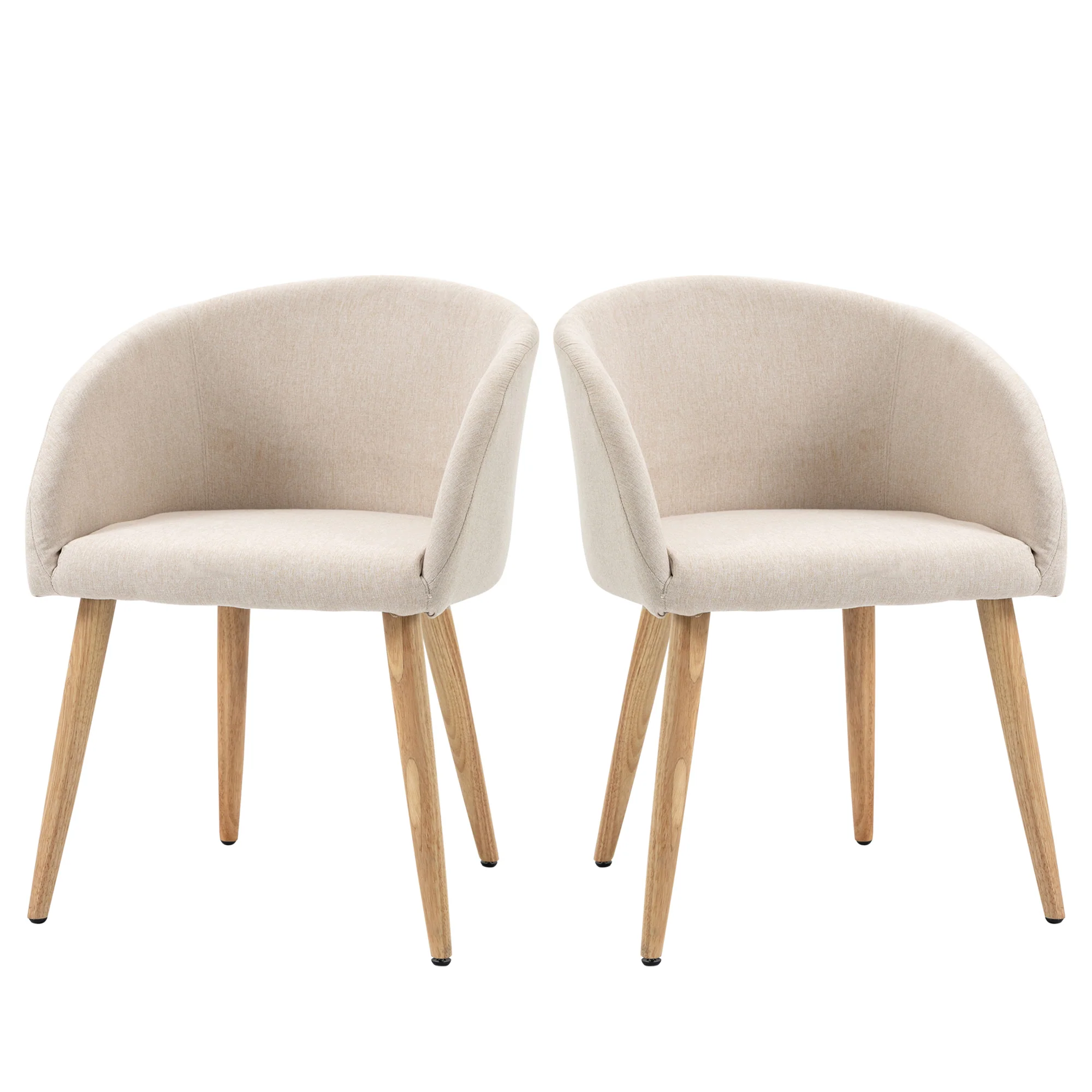 Lot de 2 chaises de salle à manger chaise de cuisine Design scandinave - Pieds inclinés effilés Bois Caoutchouc - Assise Dossier accoudoirs ergonomiques Aspect Lin Beige