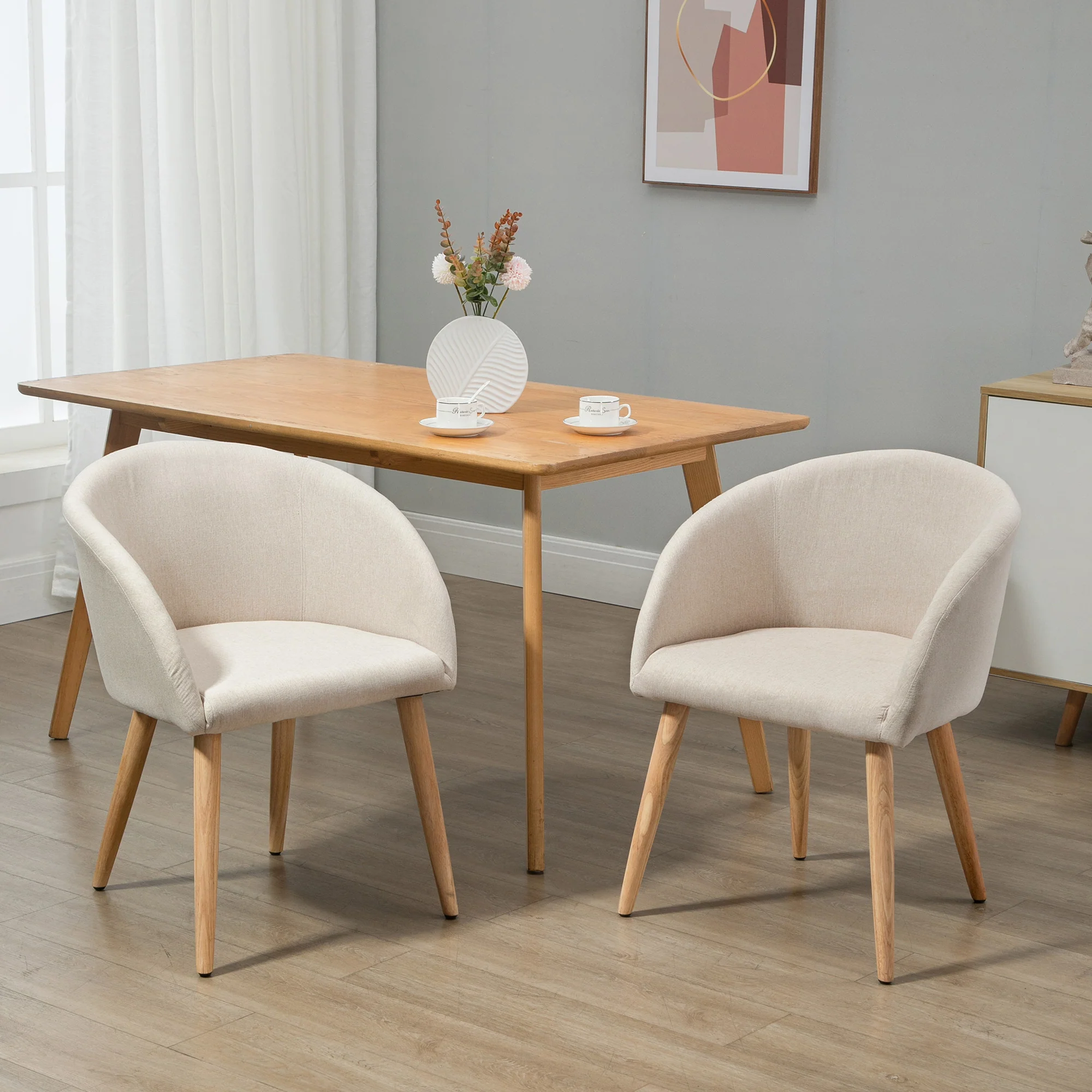 Lot de 2 chaises de salle à manger chaise de cuisine Design scandinave - Pieds inclinés effilés Bois Caoutchouc - Assise Dossier accoudoirs ergonomiques Aspect Lin Beige - Image 3