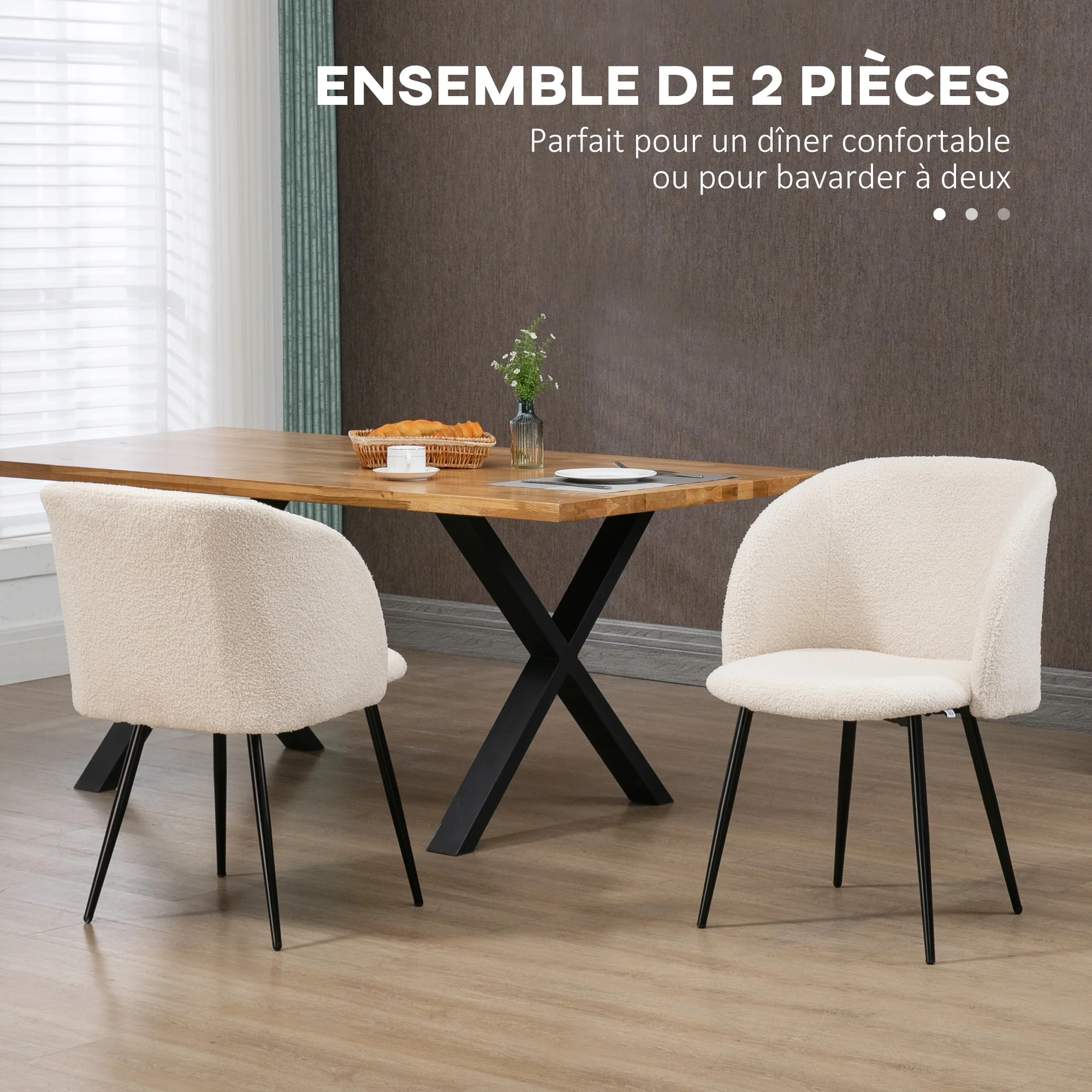 Lot de 2 chaises de salle à manger chaise de cuisine en tissu effet laine boucleé chaise de salon avec pieds en acier - 55 x 62 x 80 cm beige noir - Image 5