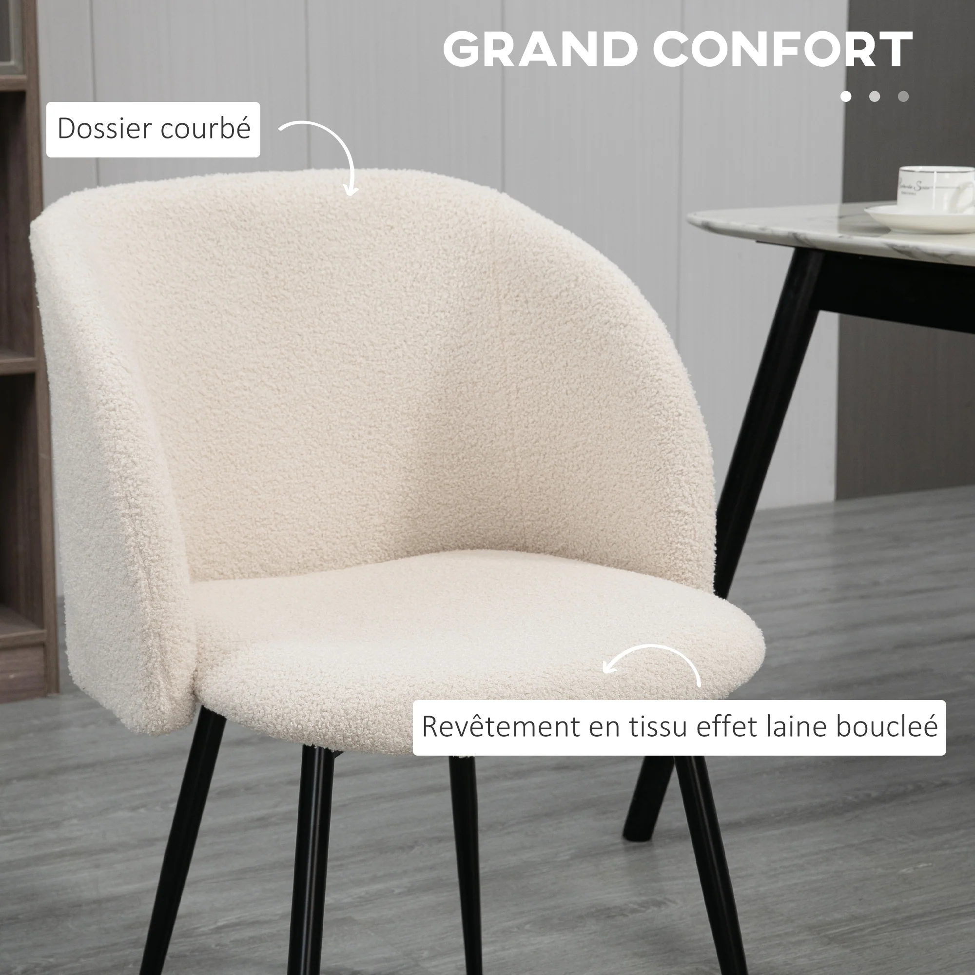 Lot de 2 chaises de salle à manger chaise de cuisine en tissu effet laine boucleé chaise de salon avec pieds en acier - 55 x 62 x 80 cm beige noir - Image 6
