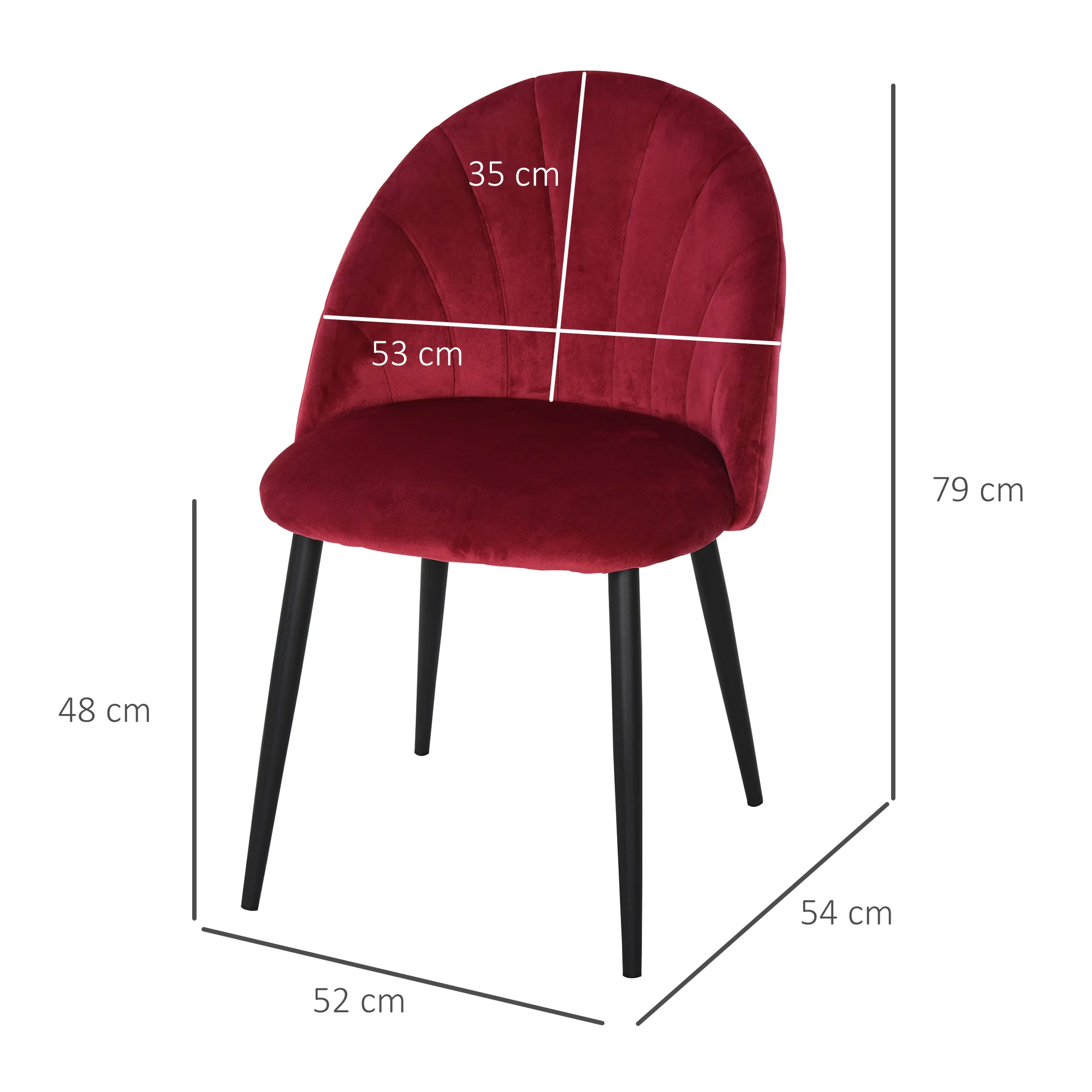 Lot de 2 chaises de salle à manger chaise de cuisine Velours Bordeaux Pieds métal Noir dim. 52L x 54l x 79H cm - Image 4