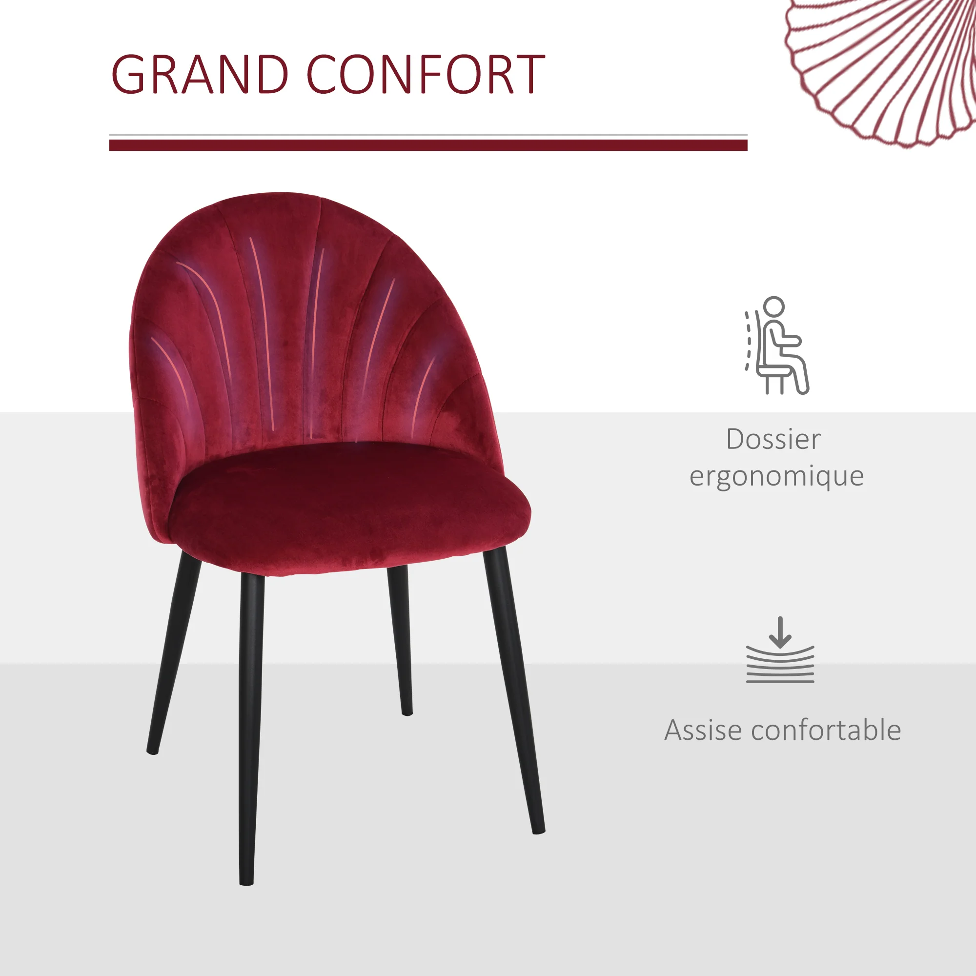 Lot de 2 chaises de salle à manger chaise de cuisine Velours Bordeaux Pieds métal Noir dim. 52L x 54l x 79H cm - Image 5